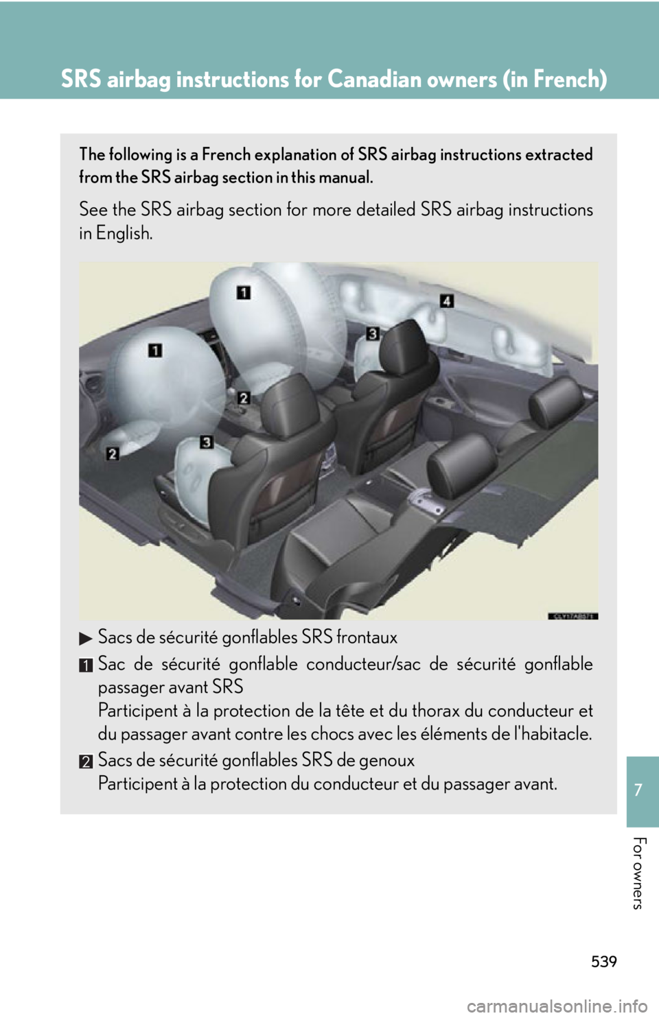 Lexus IS F 2011  Using The Bluetooth Audio System / 539
7
For owners
SRS airbag instructions for Canadian owners (in French)
The following is a French explanation of SRS airbag instructions extracted
from the SRS airbag section in this manual.
See the 