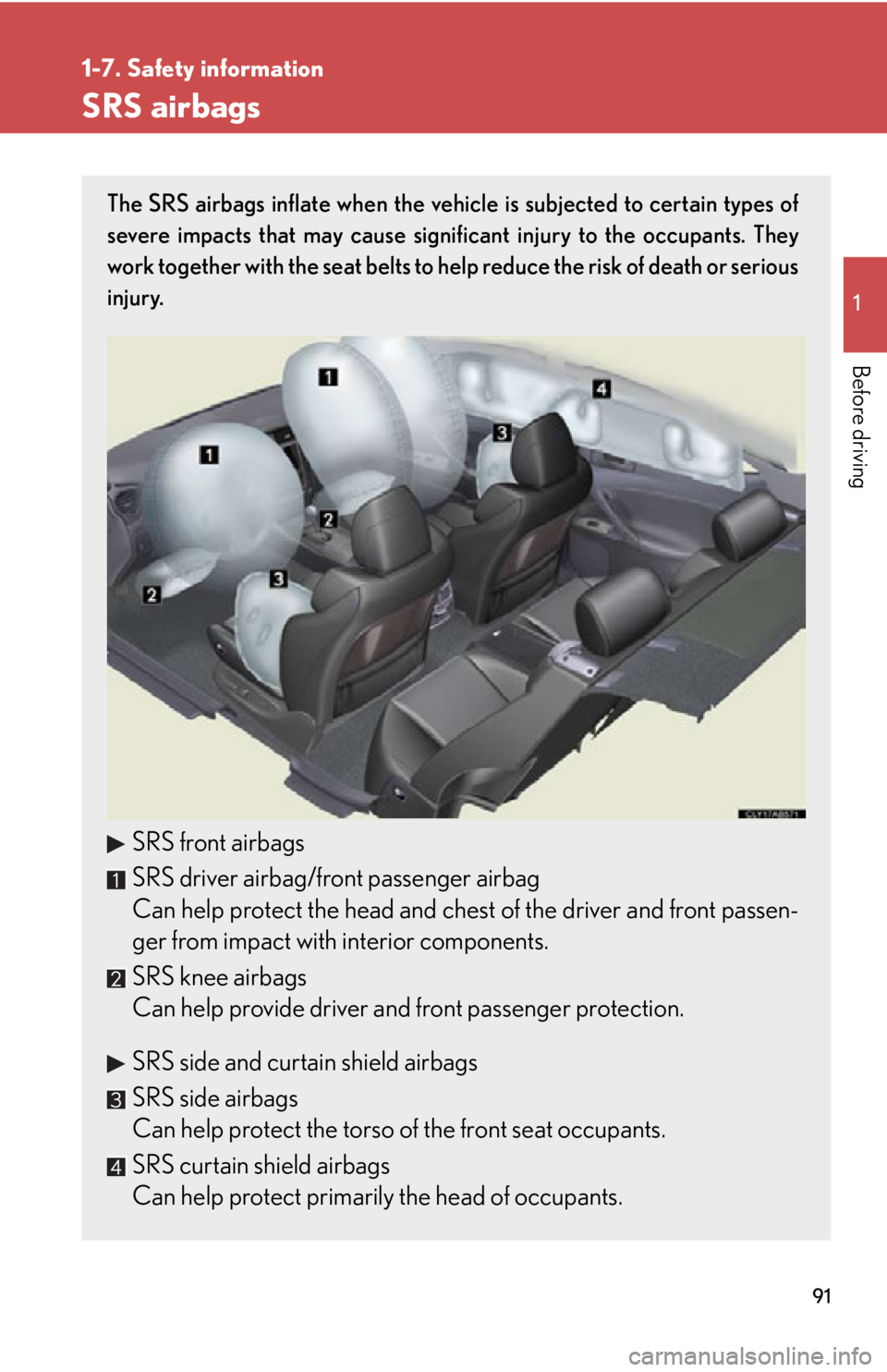 Lexus IS F 2011 Using The Bluetooth Audio System / 91
1
1-7. Safety information
Before driving
SRS airbags
The SRS airbags inflate when the vehicle is subjected to certain types of
severe impacts that may cause significant injury to the occupants. The Lexus IS F 2011 Using The Bluetooth Audio System / 91
1
1-7. Safety information
Before driving
SRS airbags
The SRS airbags inflate when the vehicle is subjected to certain types of
severe impacts that may cause significant injury to the occupants. The