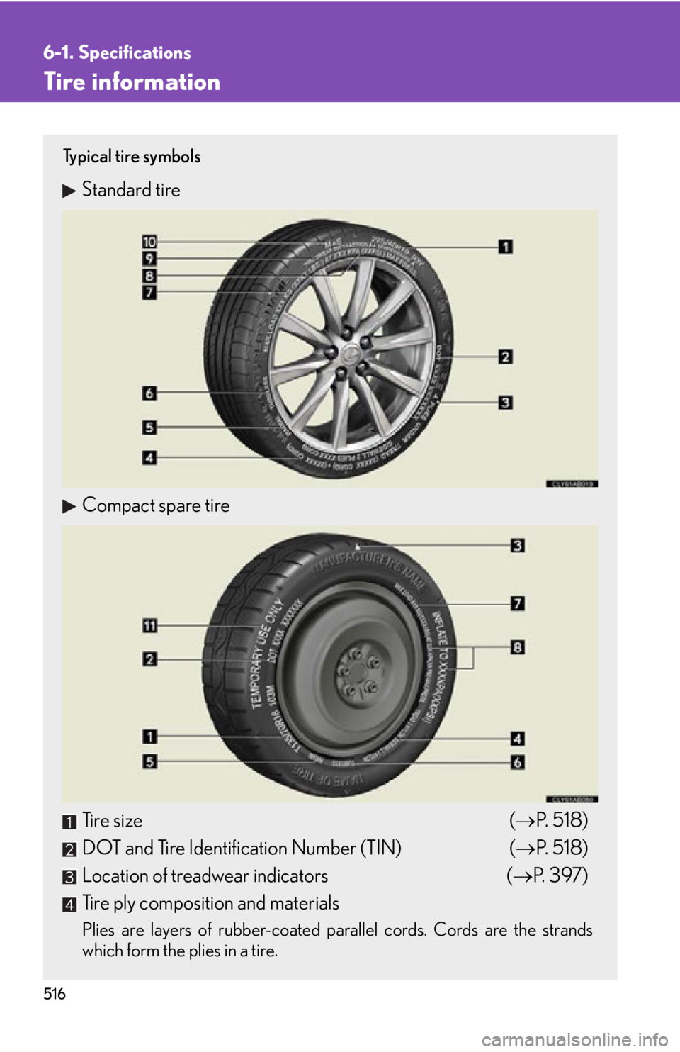 Lexus IS F 2011  Instrument Cluster / LEXUS 2011 IS F OWNERS MANUAL (OM53893U) 516
6-1. Specifications
Tire information
Ty p i c a l  t i r e  s y m b o l s
Standard tire
Compact spare tire
Tire size (P.  5 1 8 )
DOT and Tire Identification Number (TIN) ( P.  5 1 8 )
Locat