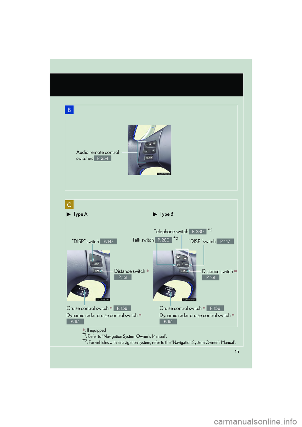 Lexus IS F 2010  Owners Manual 10_IS F_U
15
 Type B Type A
Telephone switch   *2P. 280
Cruise control switch ∗ 
Dynamic radar cruise control switch 
∗ 
P. 158
P. 161
Distance switch ∗ 
P. 161
“DISP” switch P. 147Talk swit