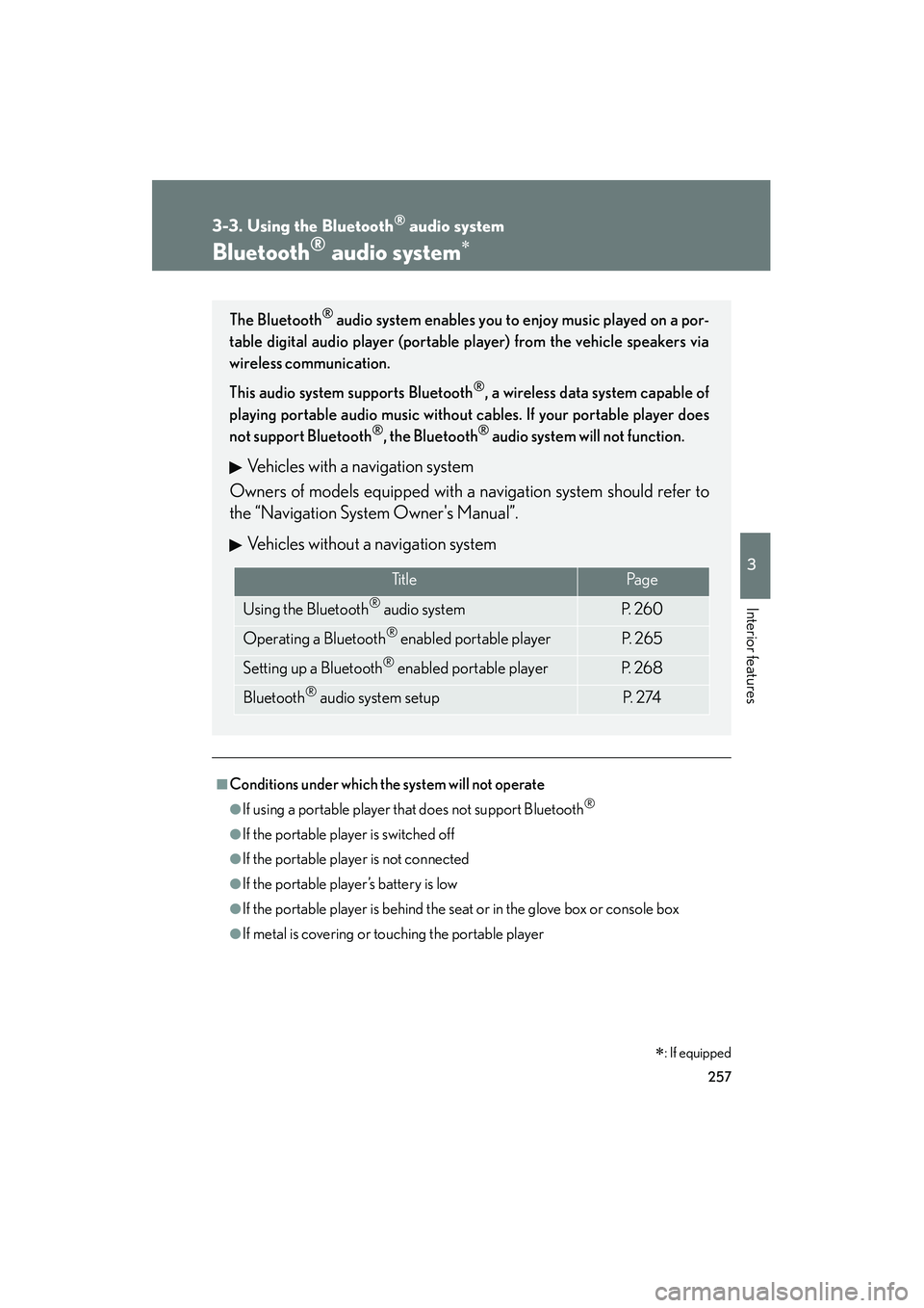 Lexus IS F 2010  Owners Manual 257
3
Interior features
10_IS F_U
3-3. Using the Bluetooth® audio system
Bluetooth® audio system∗
■Conditions under which the system will not operate
●If using a portable player that does not 