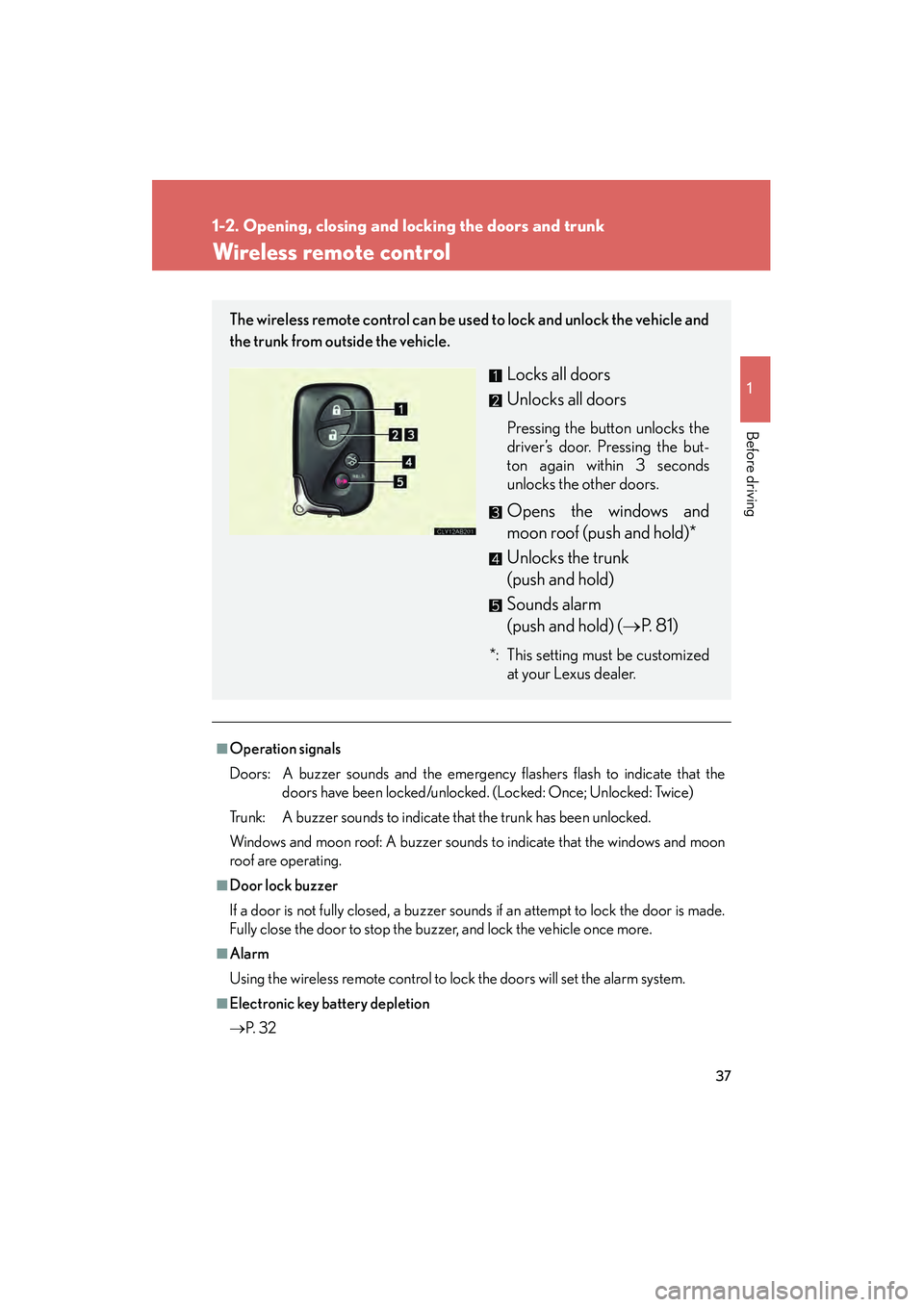 Lexus IS F 2010 Owners Guide 37
1
1-2. Opening, closing and locking the doors and trunk
Before driving
10_IS F_U
Wireless remote control
■Operation signals
Doors:  A buzzer sounds and the emergency flashers flash to indicate th