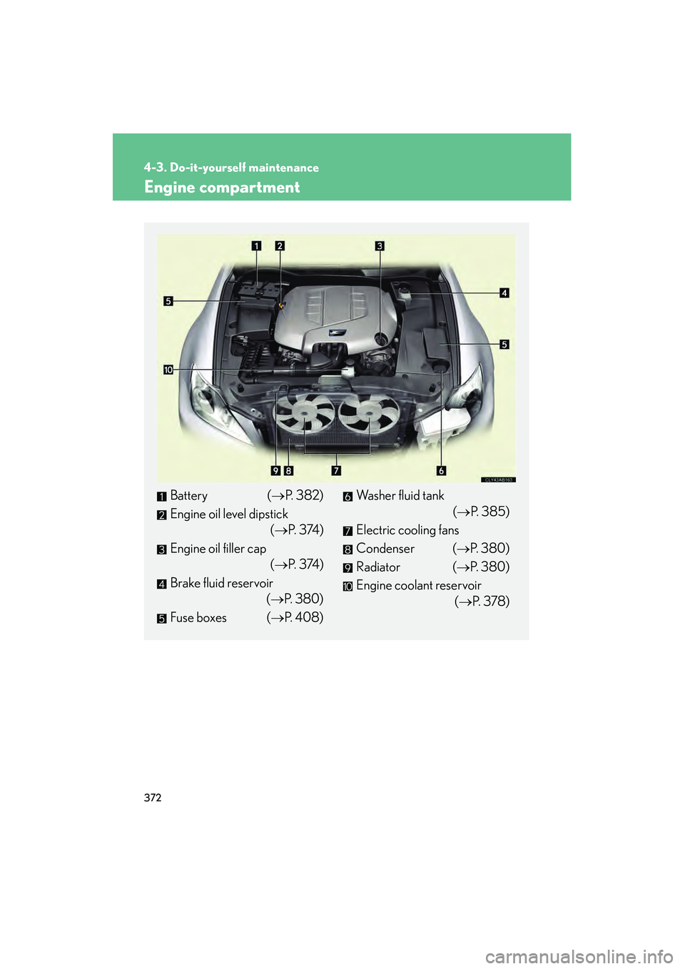 Lexus IS F 2010 Owners Manual 372
4-3. Do-it-yourself maintenance
10_IS F_U
Engine compartment
Battery (→P. 382)
Engine oil level dipstick (→P. 3 74 )
Engine oil filler cap (→P. 3 74 )
Brake fluid reservoir (→P. 380)
Fus Lexus IS F 2010 Owners Manual 372
4-3. Do-it-yourself maintenance
10_IS F_U
Engine compartment
Battery (→P. 382)
Engine oil level dipstick (→P. 3 74 )
Engine oil filler cap (→P. 3 74 )
Brake fluid reservoir (→P. 380)
Fus