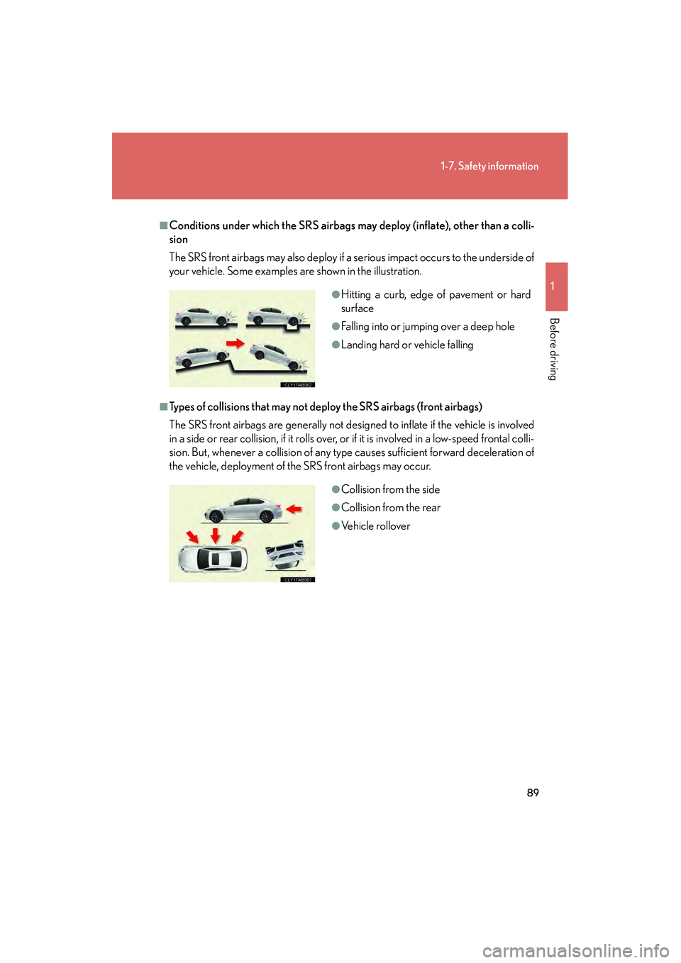Lexus IS F 2010 Manual Online 89
1-7. Safety information
1
Before driving
10_IS F_U
■Conditions under which the SRS airbags may deploy (inflate), other than a colli-
sion
The SRS front airbags may also deploy if a serious impact Lexus IS F 2010 Manual Online 89
1-7. Safety information
1
Before driving
10_IS F_U
■Conditions under which the SRS airbags may deploy (inflate), other than a colli-
sion
The SRS front airbags may also deploy if a serious impact