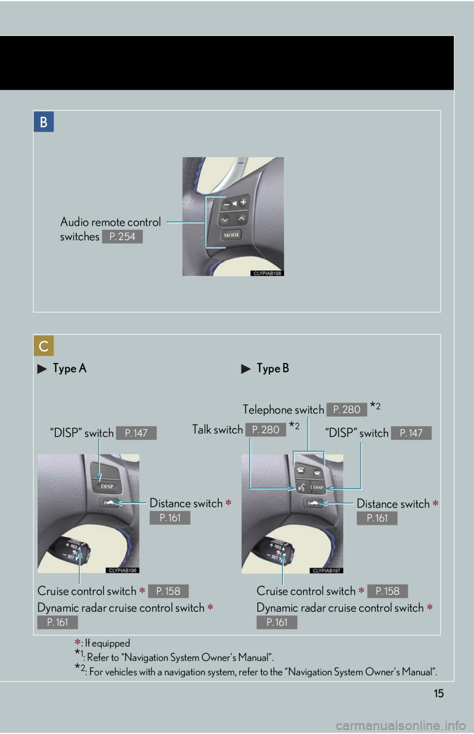 Lexus IS F 2010  Audio/video System / LEXUS 2010 IS F  (OM53A21U) User Guide 15
 Type B Type A
Telephone switch   *2P. 280
Cruise control switch  
Dynamic radar cruise control switch 
 
P. 158
P. 161
Distance switch  
P. 161
“DISP” switch P. 147Talk switch   *2P. 