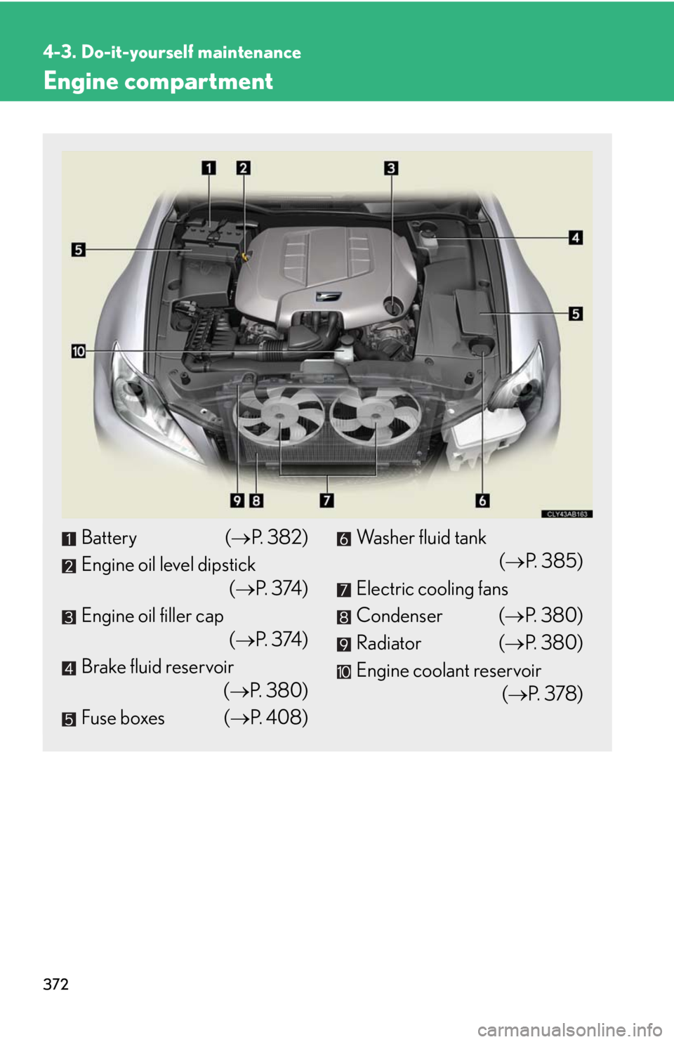 Lexus IS F 2010  Audio/video System / LEXUS 2010 IS F OWNERS MANUAL (OM53A21U) 372
4-3. Do-it-yourself maintenance
Engine compartment
Battery (P. 382)
Engine oil level dipstick
(P.  3 74 )
Engine oil filler cap
(P.  3 74 )
Brake fluid reservoir
(P. 380)
Fuse boxes (�