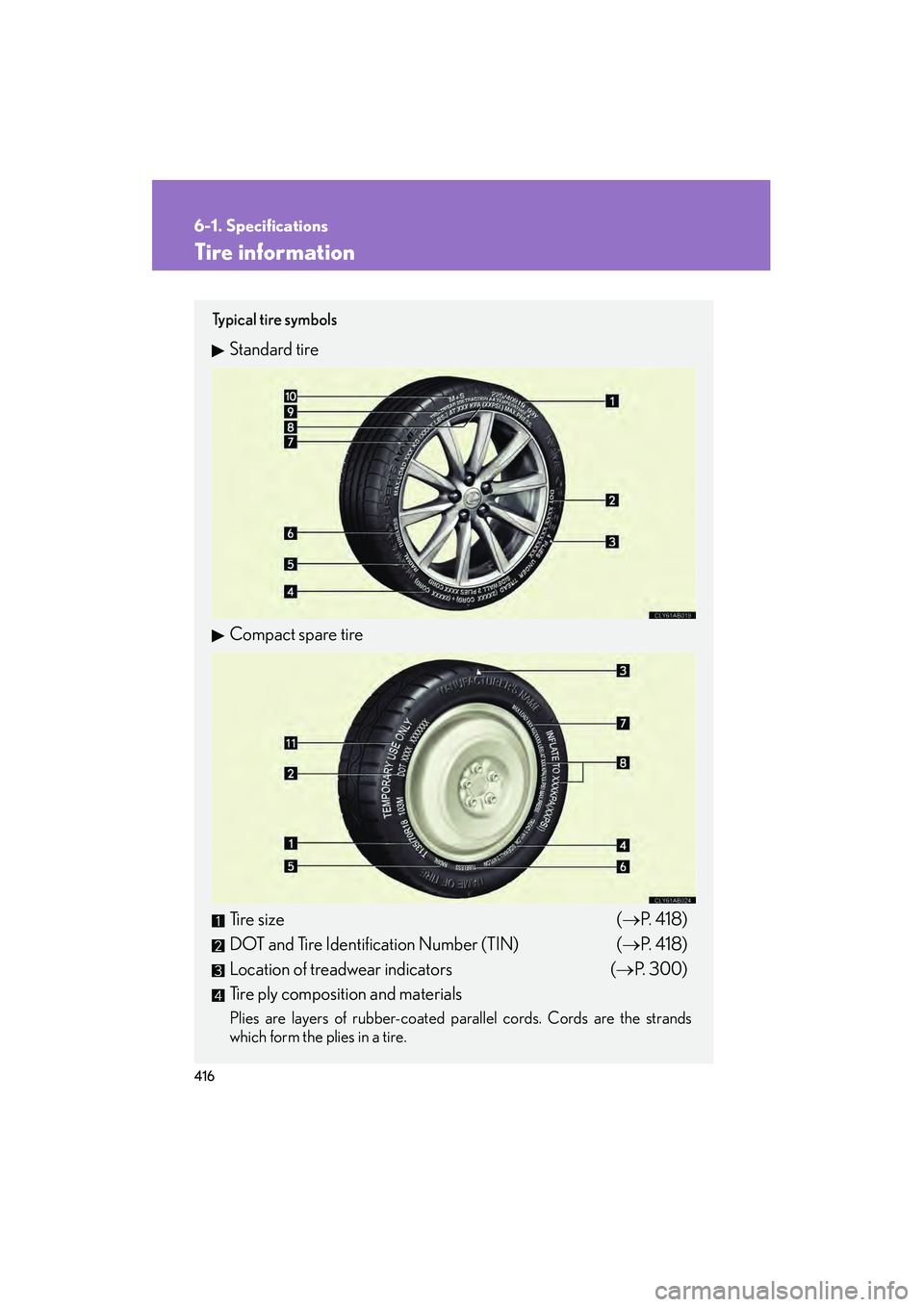 Lexus IS F 2009 Owners Manual 416
6-1. Specifications
08_IS F_U_(L/O_0808)
Tire information
Ty p i c a l t i r e s y m b o l s
Standard tire
Compact spare tire
Tire size (→P. 4 1 8 )
DOT and Tire Identification Number (TIN) ( Lexus IS F 2009 Owners Manual 416
6-1. Specifications
08_IS F_U_(L/O_0808)
Tire information
Ty p i c a l t i r e s y m b o l s
Standard tire
Compact spare tire
Tire size (→P. 4 1 8 )
DOT and Tire Identification Number (TIN) (