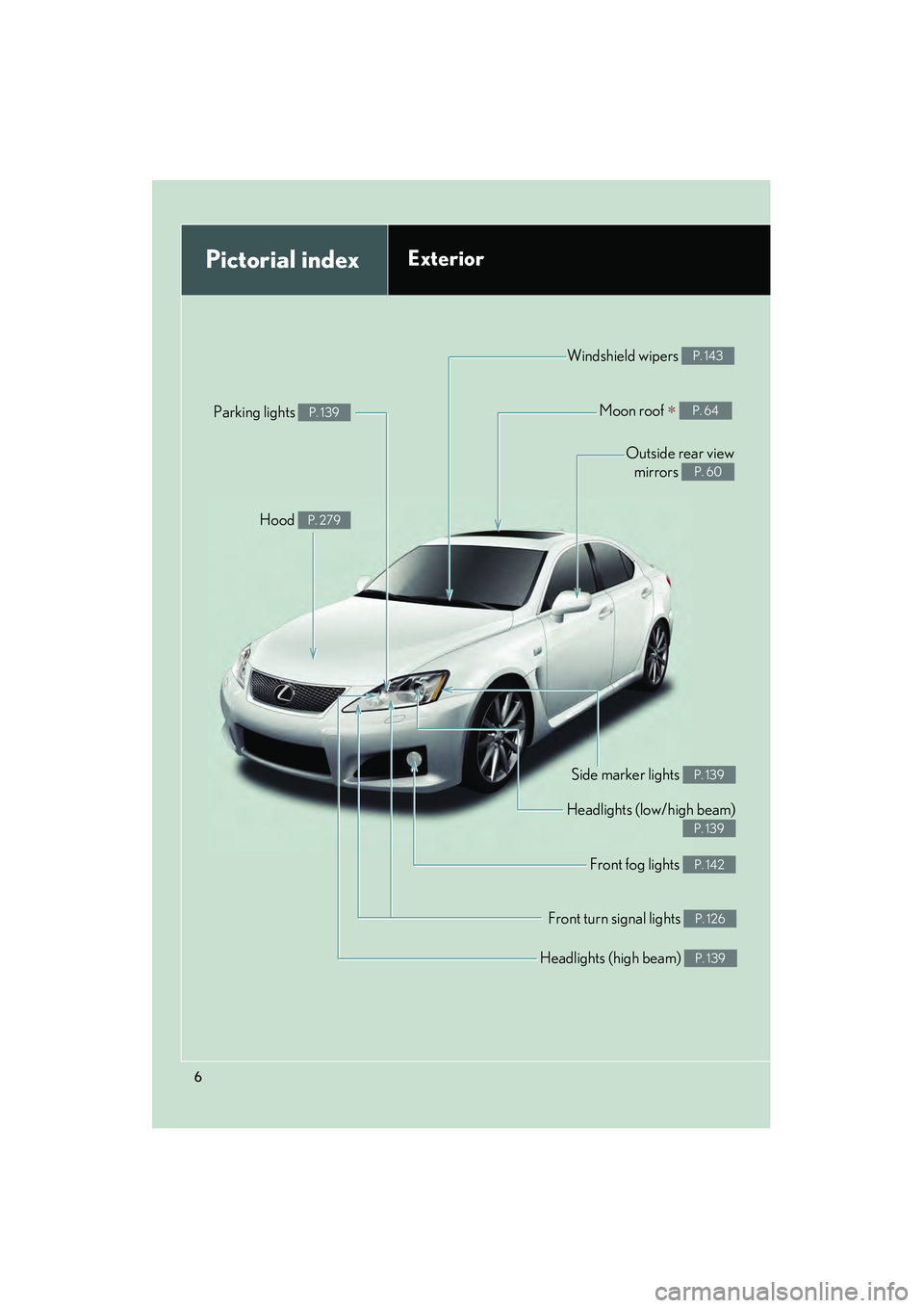 Lexus IS F 2008  Owners Manual 08_IS F_U_(L/O_0711)
6
Headlights (high beam) P. 139
Pictorial indexExterior
Front turn signal lights P. 126
Front fog lights P. 142
Side marker lights P. 139
Headlights (low/high beam) 
P. 139
Hood P