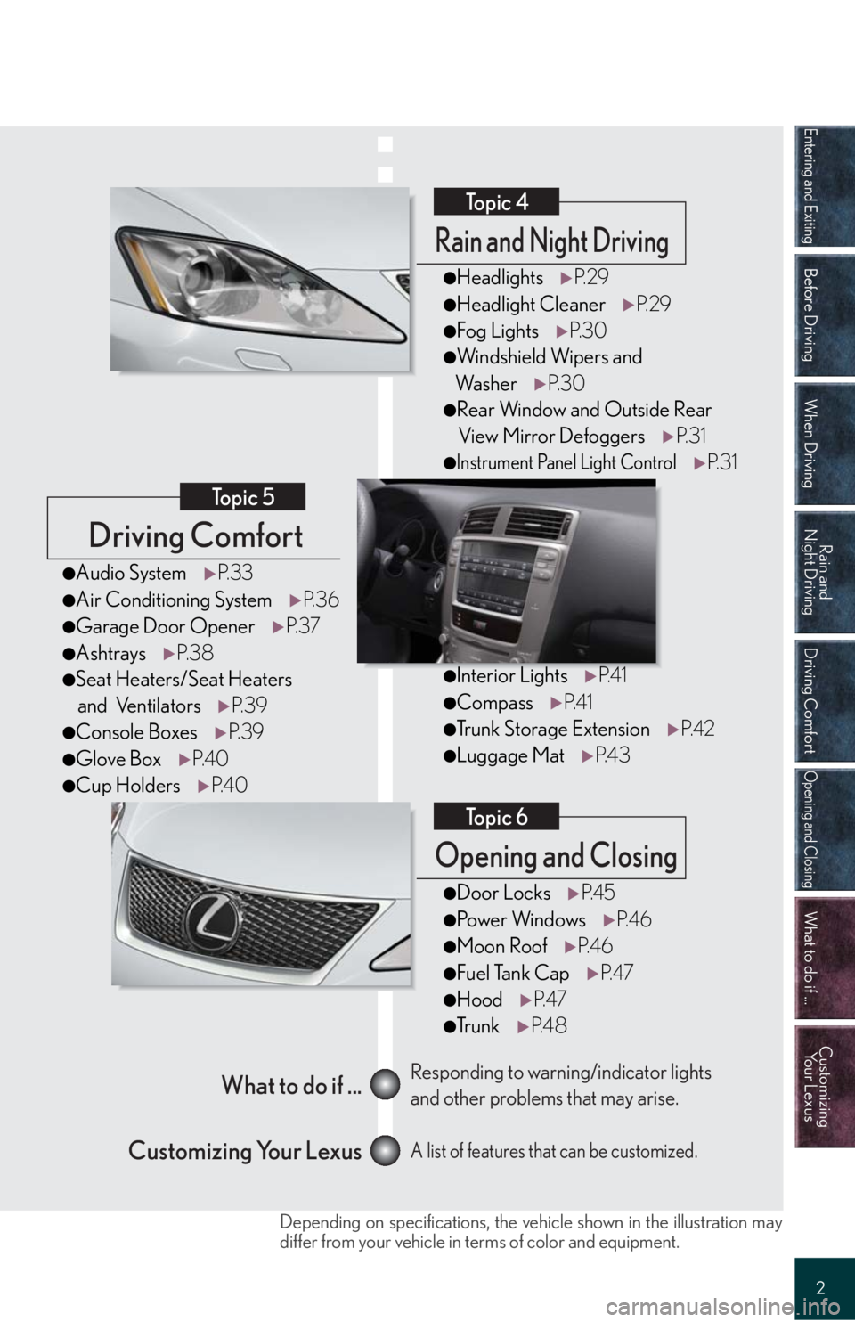 Lexus IS F 2008  Audio/video System / LEXUS 2008 IS F QUICK GUIDE OWNERS MANUAL (OM53613U) Entering and Exiting
Before Driving
When Driving
Rain and 
Night Driving
Driving Comfort
Opening and Closing
What to do if ...
Customizing
Yo u r  L e x u s
2
Driving Comfort
Topic 5
Opening and Closi