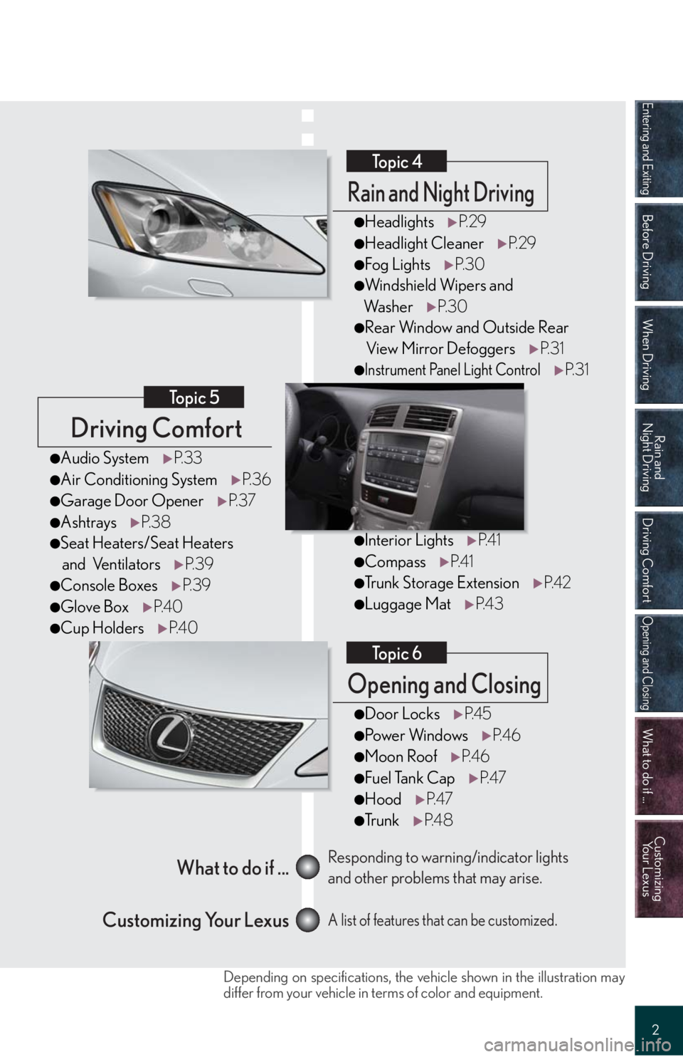 Lexus IS F 2008 Do-It-Yourself Maintenance / LEXUS 2008 IS F QUICK GUIDE OWNERS MANUAL (OM53613U) Entering and Exiting
Before Driving
When Driving
Rain and
Night Driving
Driving Comfort
Opening and Closing
What to do if ...
Customizing
Yo u r L e x u s
2
Driving Comfort
Topic 5
Opening and Closi Lexus IS F 2008 Do-It-Yourself Maintenance / LEXUS 2008 IS F QUICK GUIDE OWNERS MANUAL (OM53613U) Entering and Exiting
Before Driving
When Driving
Rain and
Night Driving
Driving Comfort
Opening and Closing
What to do if ...
Customizing
Yo u r L e x u s
2
Driving Comfort
Topic 5
Opening and Closi