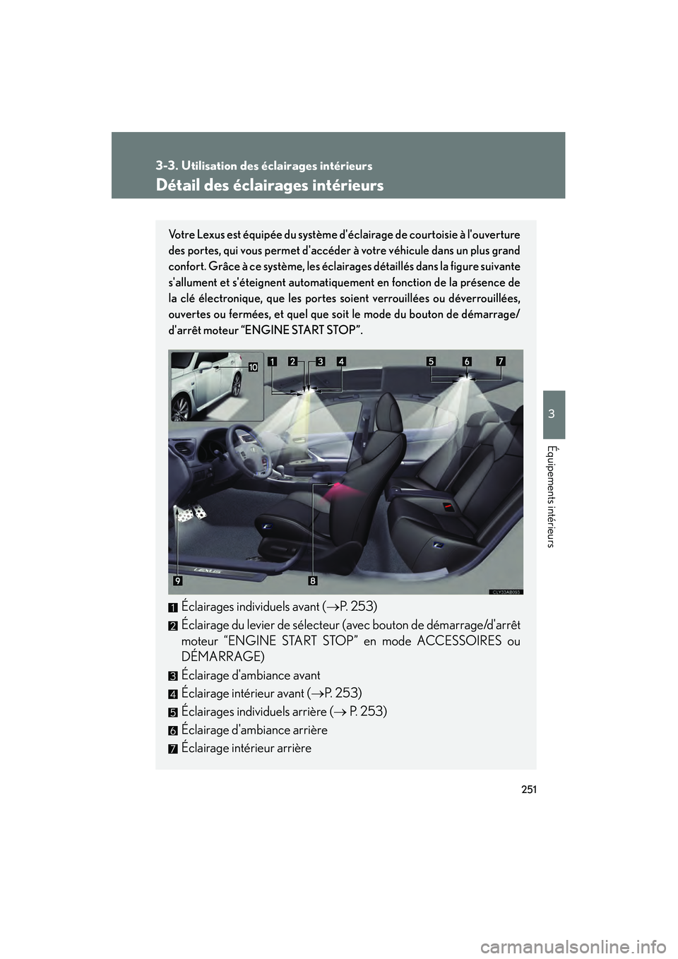Lexus IS F 2008 Manuel du propriétaire (in French) 251
3
Équipements intérieurs
08_IS F_D_(L/O_0712)
3-3. Utilisation des éclairages intérieurs
Détail des éclairages intérieurs
Votre Lexus est équipée du système déclairage de courtoisie à Lexus IS F 2008 Manuel du propriétaire (in French) 251
3
Équipements intérieurs
08_IS F_D_(L/O_0712)
3-3. Utilisation des éclairages intérieurs
Détail des éclairages intérieurs
Votre Lexus est équipée du système déclairage de courtoisie à