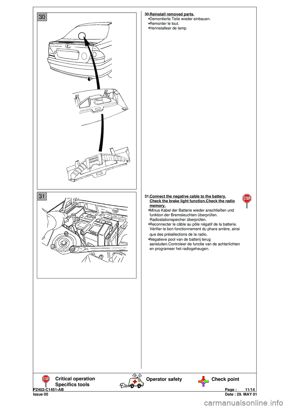 Lexus IS200 2001  s User Guide PZ402-C1451-ABPage :        11/14
Issue 00Date : 29. MAY 01
1234567
1234567
1234567
1234567
1234567
123456731Connect the negative cable to the battery.Check the brake light function.Check the radiomem