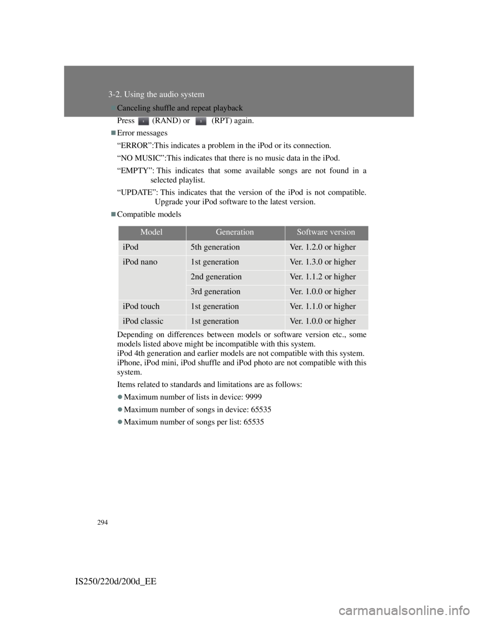 Lexus IS200d 2011 Owners Manuals 294
3-2. Using the audio system
IS250/220d/200d_EE
Canceling shuffle and repeat playback
Press (RAND) or (RPT) again.
Error messages
“ERROR”:This indicates a problem in the iPod or its con Lexus IS200d 2011 Owners Manuals 294
3-2. Using the audio system
IS250/220d/200d_EE
Canceling shuffle and repeat playback
Press (RAND) or (RPT) again.
Error messages
“ERROR”:This indicates a problem in the iPod or its con