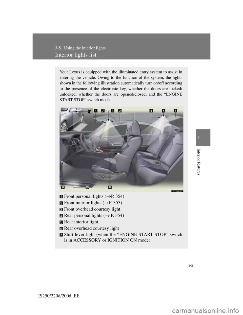Lexus IS200d 2011  Owners Manuals 351
3
Interior features
IS250/220d/200d_EE
3-5. Using the interior lights
Interior lights list
Your Lexus is equipped with the illuminated entry system to assist in
entering the vehicle. Owing to the 