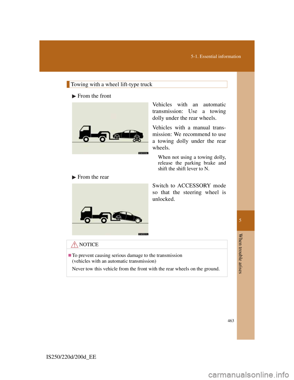 Lexus IS200d 2011 Owners Manuals 5
463
5-1. Essential information
When trouble arises
IS250/220d/200d_EE
Towing with a wheel lift-type truck
From the front
Vehicles with an automatic
transmission: Use a towing
dolly under the rear wh Lexus IS200d 2011 Owners Manuals 5
463
5-1. Essential information
When trouble arises
IS250/220d/200d_EE
Towing with a wheel lift-type truck
From the front
Vehicles with an automatic
transmission: Use a towing
dolly under the rear wh