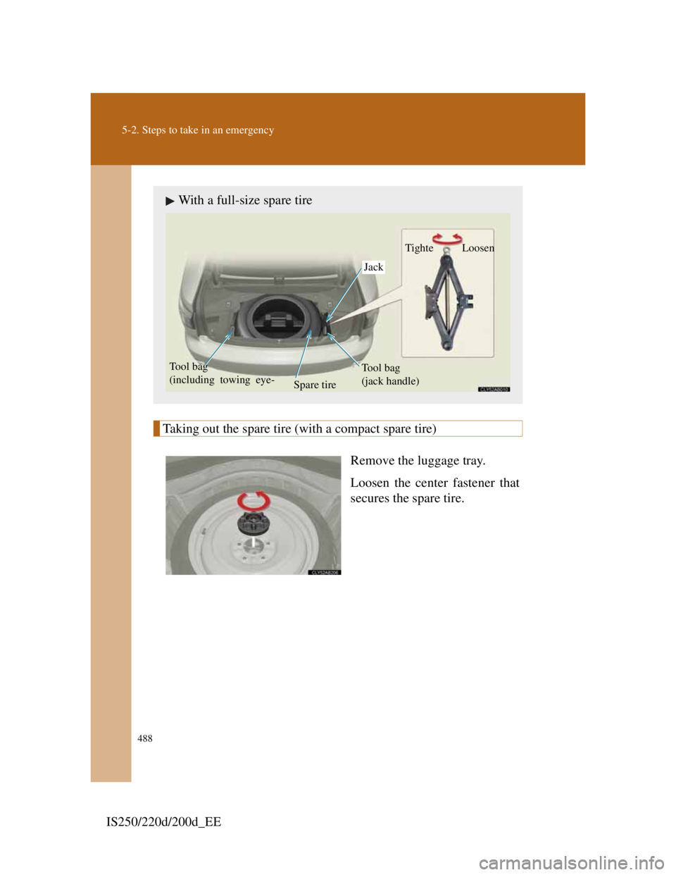 Lexus IS200d 2011  Owners Manuals 488
5-2. Steps to take in an emergency
IS250/220d/200d_EE
Taking out the spare tire (with a compact spare tire)
Remove the luggage tray.
Loosen the center fastener that
secures the spare tire.
With a 
