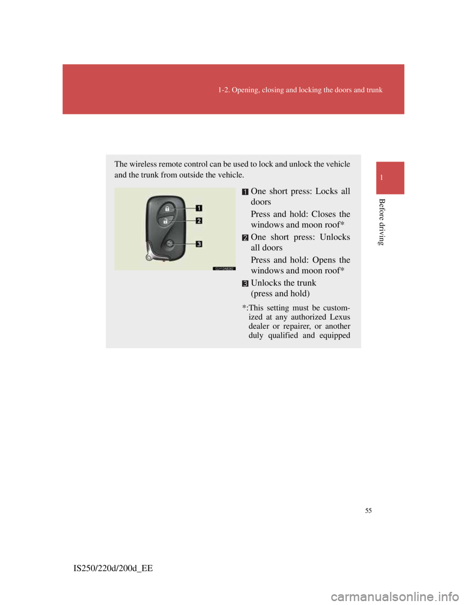 Lexus IS200d 2011  s Workshop Manual 55
1-2. Opening, closing and locking the doors and trunk
1
Before driving
IS250/220d/200d_EE
Wireless remote control
The wireless remote control can be used to lock and unlock the vehicle
and the trun