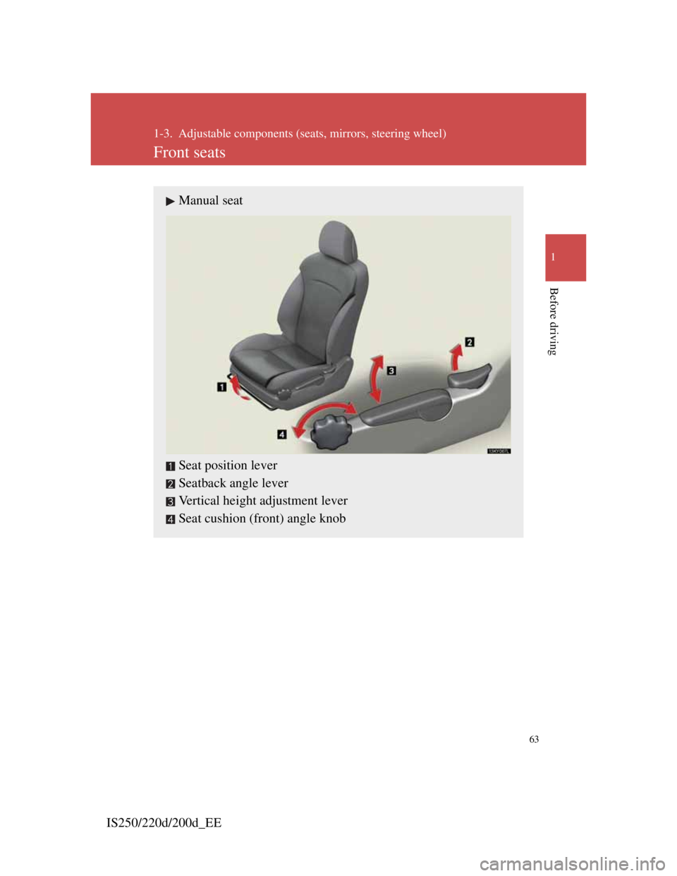 Lexus IS200d 2011 s Repair Manual 63
1
Before driving
IS250/220d/200d_EE
1-3. Adjustable components (seats, mirrors, steering wheel)
Front seats
Manual seat
Seat position lever
Seatback angle lever
Vertical height adjustment lever
Sea Lexus IS200d 2011 s Repair Manual 63
1
Before driving
IS250/220d/200d_EE
1-3. Adjustable components (seats, mirrors, steering wheel)
Front seats
Manual seat
Seat position lever
Seatback angle lever
Vertical height adjustment lever
Sea