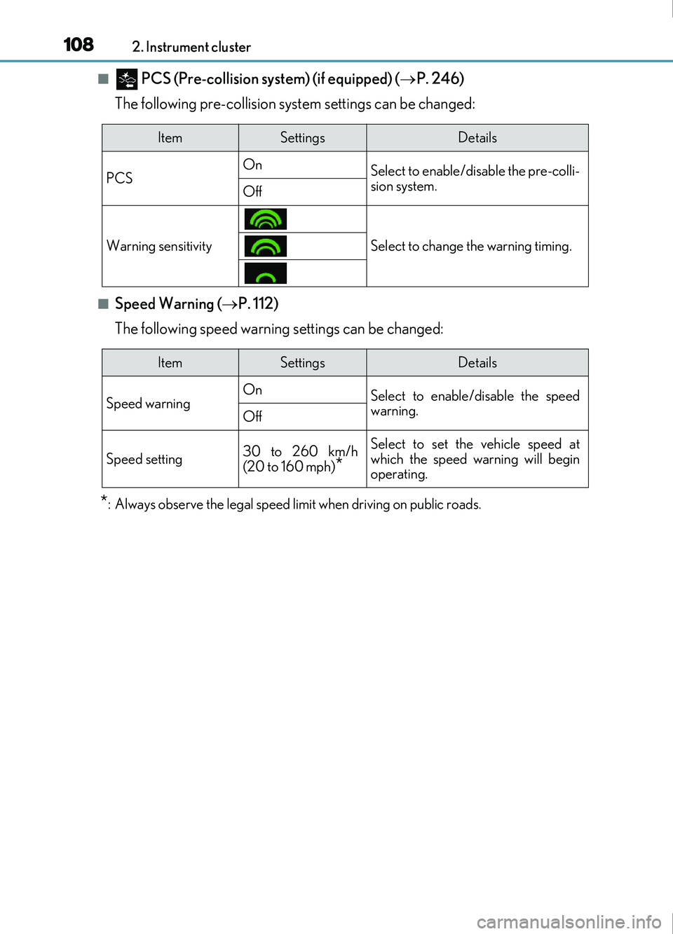 Lexus IS200t 2017 Owners Manuals 1082. Instrument cluster
IS200t_EE(OM53D77E)
■ PCS (Pre-collision system) (if equipped) (P. 246)
The following pre-collision syst em settings can be changed:
■Speed Warning (P. 112)
The foll Lexus IS200t 2017 Owners Manuals 1082. Instrument cluster
IS200t_EE(OM53D77E)
■ PCS (Pre-collision system) (if equipped) (P. 246)
The following pre-collision syst em settings can be changed:
■Speed Warning (P. 112)
The foll