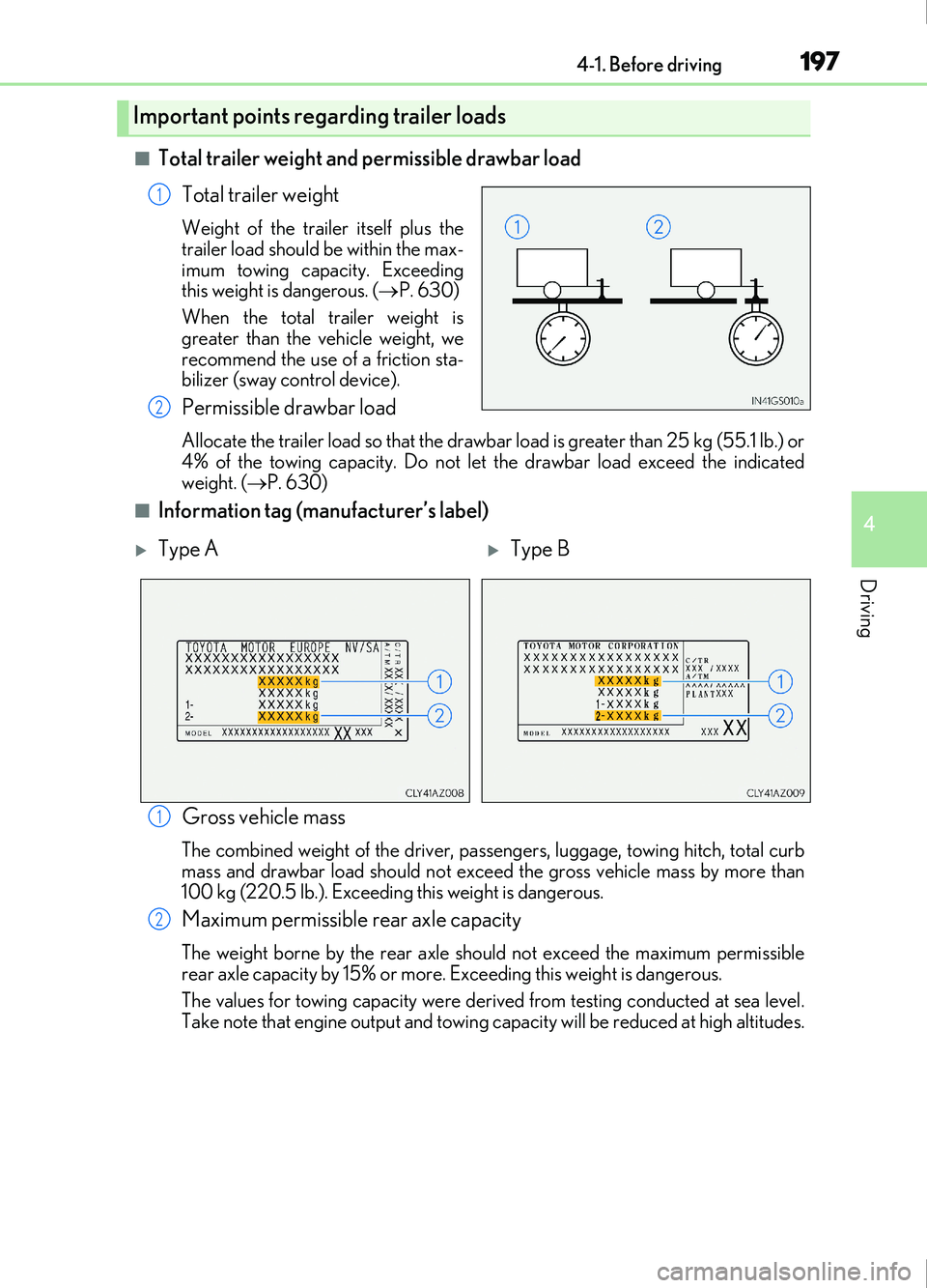 Lexus IS200t 2017  Owners Manuals 1974-1. Before driving
4
Driving
IS200t_EE(OM53D77E)
■Total trailer weight and permissible drawbar loadTotal trailer weight
Weight of the trailer itself plus the
trailer load should be within the ma