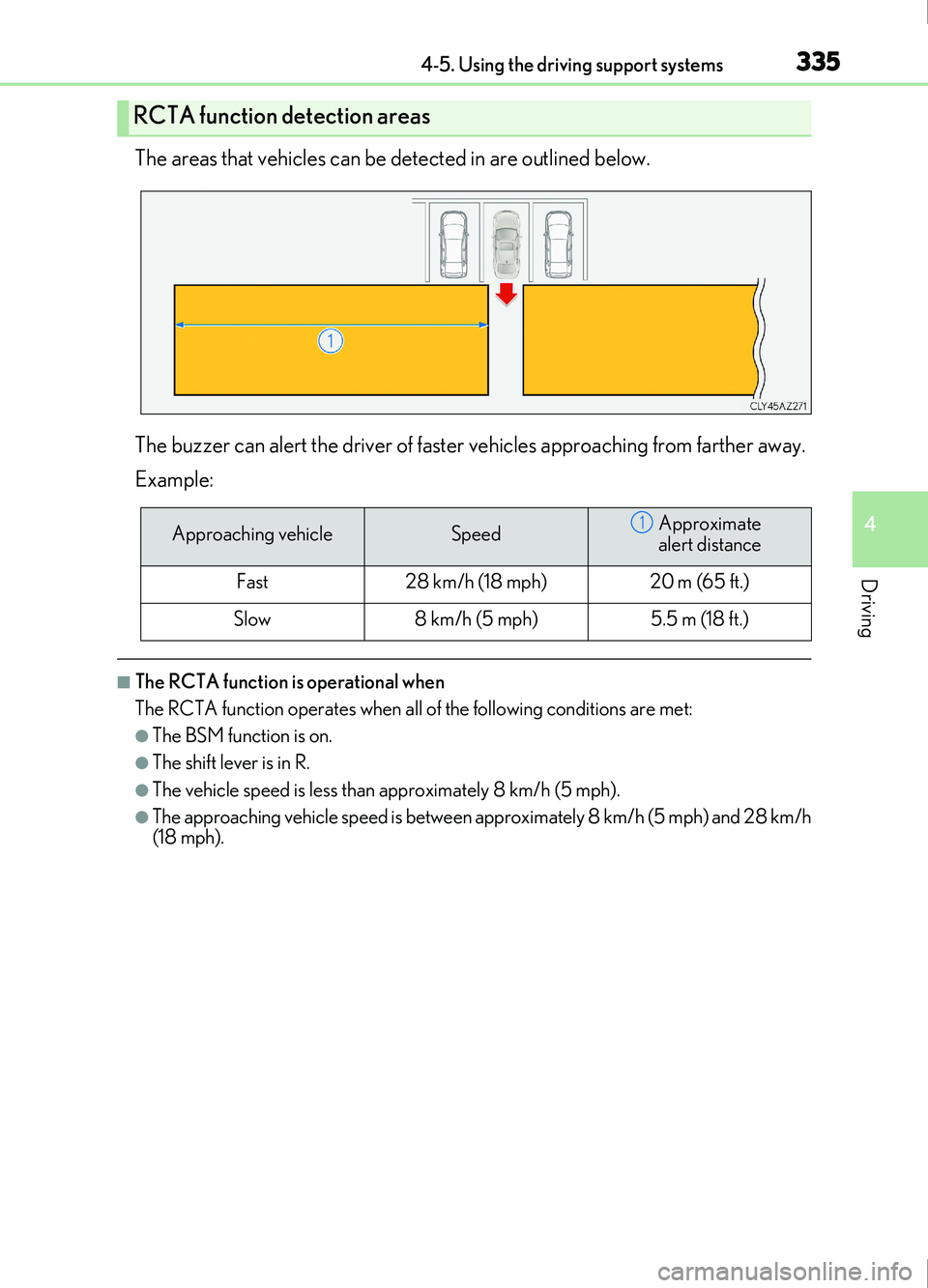 Lexus IS200t 2017 Owners Manuals 3354-5. Using the driving support systems
4
Driving
IS200t_EE(OM53D77E)
The areas that vehicles can be detected in are outlined below.
The buzzer can alert the driver of faster vehicles approaching fr Lexus IS200t 2017 Owners Manuals 3354-5. Using the driving support systems
4
Driving
IS200t_EE(OM53D77E)
The areas that vehicles can be detected in are outlined below.
The buzzer can alert the driver of faster vehicles approaching fr