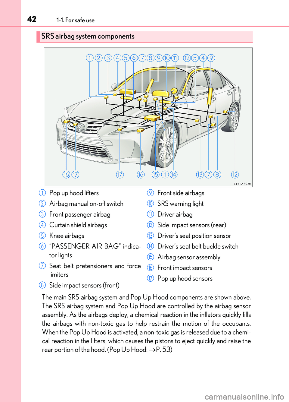 Lexus IS200t 2017 Owners Manuals 421-1. For safe use
IS200t_EE(OM53D77E)
The main SRS airbag system and Pop Up Hood components are shown above.
The SRS airbag system and Pop Up Hood are controlled by the airbag sensor
assembly. As t Lexus IS200t 2017 Owners Manuals 421-1. For safe use
IS200t_EE(OM53D77E)
The main SRS airbag system and Pop Up Hood components are shown above.
The SRS airbag system and Pop Up Hood are controlled by the airbag sensor
assembly. As t