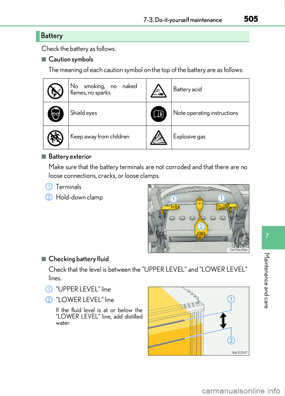 Lexus IS200t 2017 Owners Manuals 5057-3. Do-it-yourself maintenance
7
Maintenance and care
IS200t_EE(OM53D77E)
Check the battery as follows.
■Caution symbols
The meaning of each caution symbol on the top of the battery are as follo Lexus IS200t 2017 Owners Manuals 5057-3. Do-it-yourself maintenance
7
Maintenance and care
IS200t_EE(OM53D77E)
Check the battery as follows.
■Caution symbols
The meaning of each caution symbol on the top of the battery are as follo