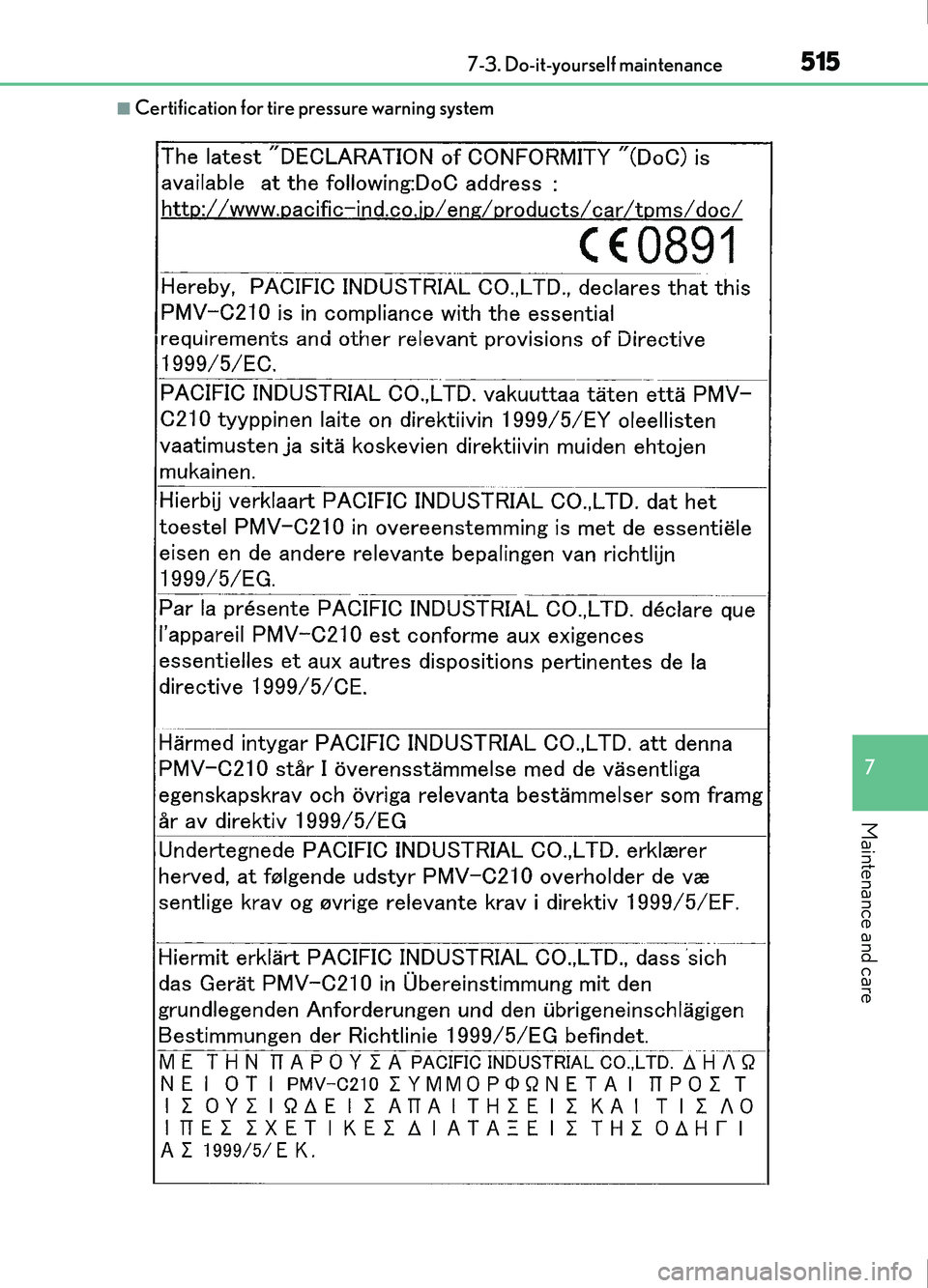 Lexus IS200t 2017 Owners Manuals 5157-3. Do-it-yourself maintenance
7
Maintenance and care
IS200t_EE(OM53D77E)
■Certification for tire pressure warning system Lexus IS200t 2017 Owners Manuals 5157-3. Do-it-yourself maintenance
7
Maintenance and care
IS200t_EE(OM53D77E)
■Certification for tire pressure warning system