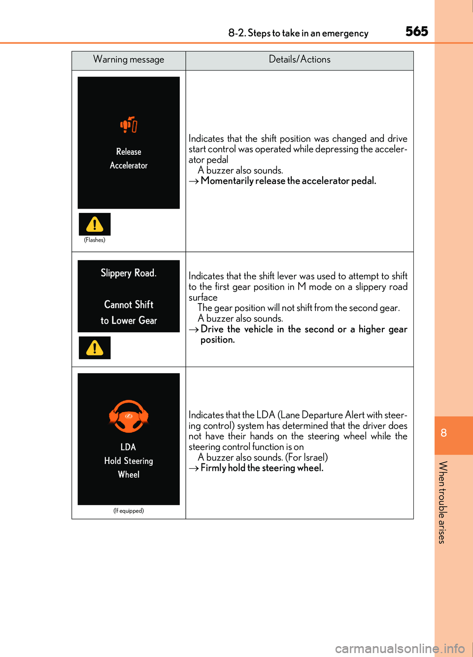 Lexus IS200t 2017 Owners Manuals 5658-2. Steps to take in an emergency
8
When trouble arises
IS200t_EE(OM53D77E)
Indicates that the shift position was changed and drive
start control was operated while depressing the acceler-
ator pe Lexus IS200t 2017 Owners Manuals 5658-2. Steps to take in an emergency
8
When trouble arises
IS200t_EE(OM53D77E)
Indicates that the shift position was changed and drive
start control was operated while depressing the acceler-
ator pe