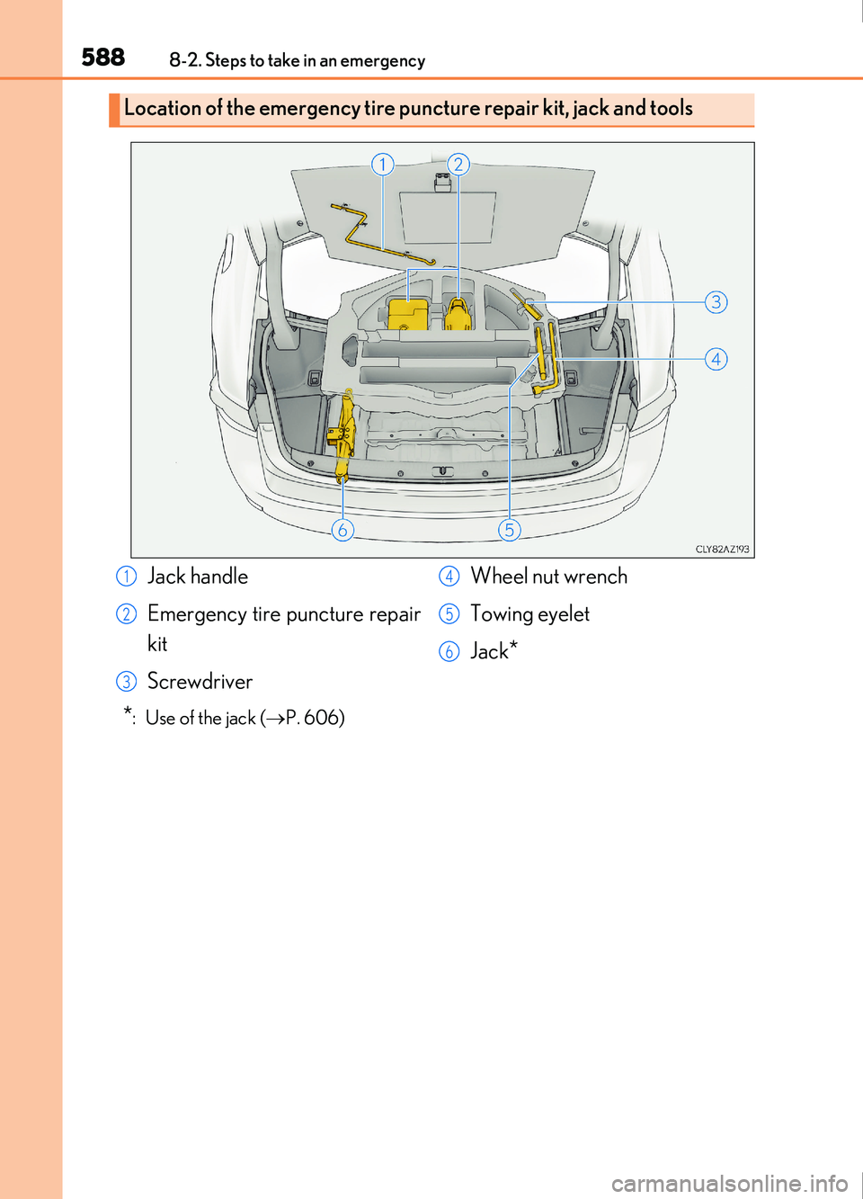 Lexus IS200t 2017 Owners Manuals 5888-2. Steps to take in an emergency
IS200t_EE(OM53D77E)
*: Use of the jack (P. 606)
Location of the emergency tire puncture repair kit, jack and tools
Jack handle
Emergency tire puncture repair Lexus IS200t 2017 Owners Manuals 5888-2. Steps to take in an emergency
IS200t_EE(OM53D77E)
*: Use of the jack (P. 606)
Location of the emergency tire puncture repair kit, jack and tools
Jack handle
Emergency tire puncture repair