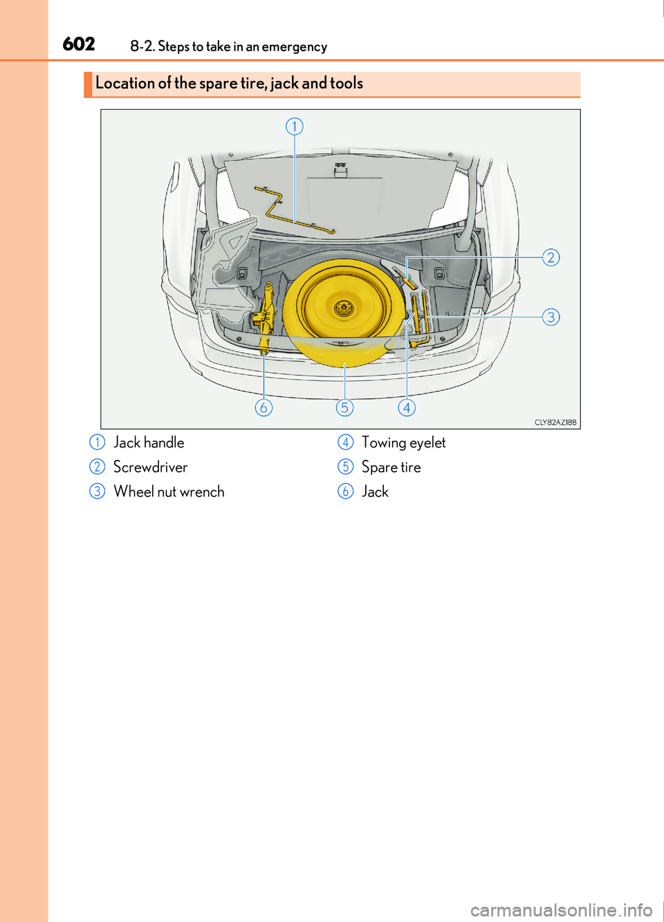 Lexus IS200t 2017  Owners Manuals 6028-2. Steps to take in an emergency
IS200t_EE(OM53D77E)
Location of the spare tire, jack and tools
Jack handle
Screwdriver
Wheel nut wrenchTowing eyelet
Spare tire
Jack1
2
3
4
5
6 