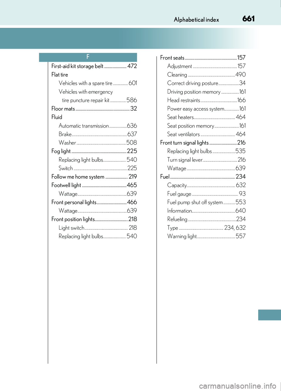 Lexus IS200t 2017  Owners Manuals 661Alphabetical index
IS200t_EE(OM53D77E)
First-aid kit storage belt ..................... 472
Flat tireVehicles with a spare tire ............... 601
Vehicles with emergency tire puncture repair kit 