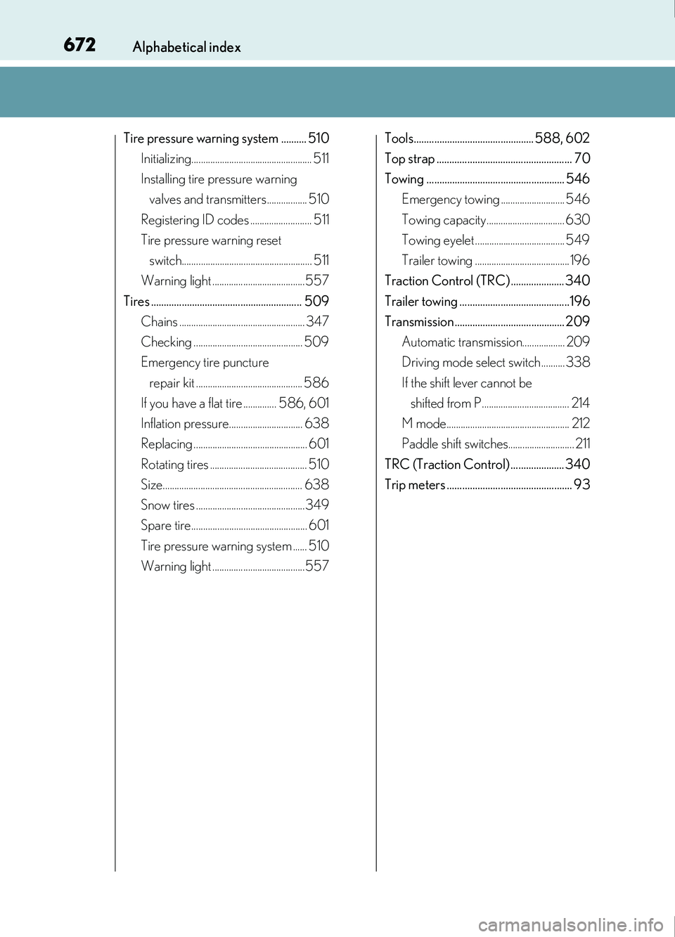 Lexus IS200t 2017  Owners Manuals 672Alphabetical index
IS200t_EE(OM53D77E)
Tire pressure warning system .......... 510Initializing................................................... 511
Installing tire pressure warning valves and tra