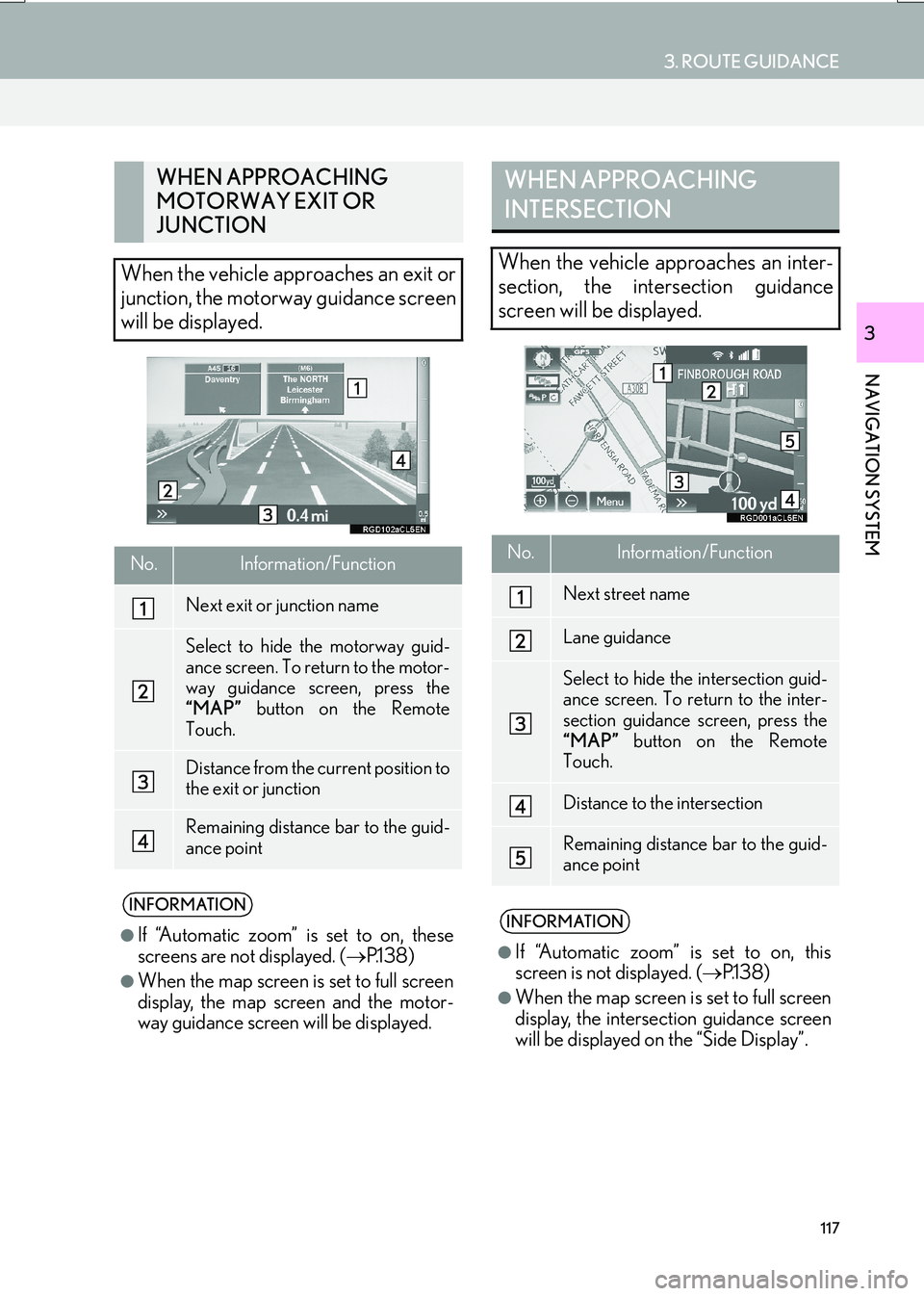 Lexus IS200t 2017 Navigation Manual 117
3. ROUTE GUIDANCE
IS_NAVI_EE
NAVIGATION SYSTEM
3
WHEN APPROACHING
MOTORWAY EXIT OR
JUNCTION
When the vehicle approaches an exit or
junction, the motorway guidance screen
will be displayed.
No.In Lexus IS200t 2017 Navigation Manual 117
3. ROUTE GUIDANCE
IS_NAVI_EE
NAVIGATION SYSTEM
3
WHEN APPROACHING
MOTORWAY EXIT OR
JUNCTION
When the vehicle approaches an exit or
junction, the motorway guidance screen
will be displayed.
No.In