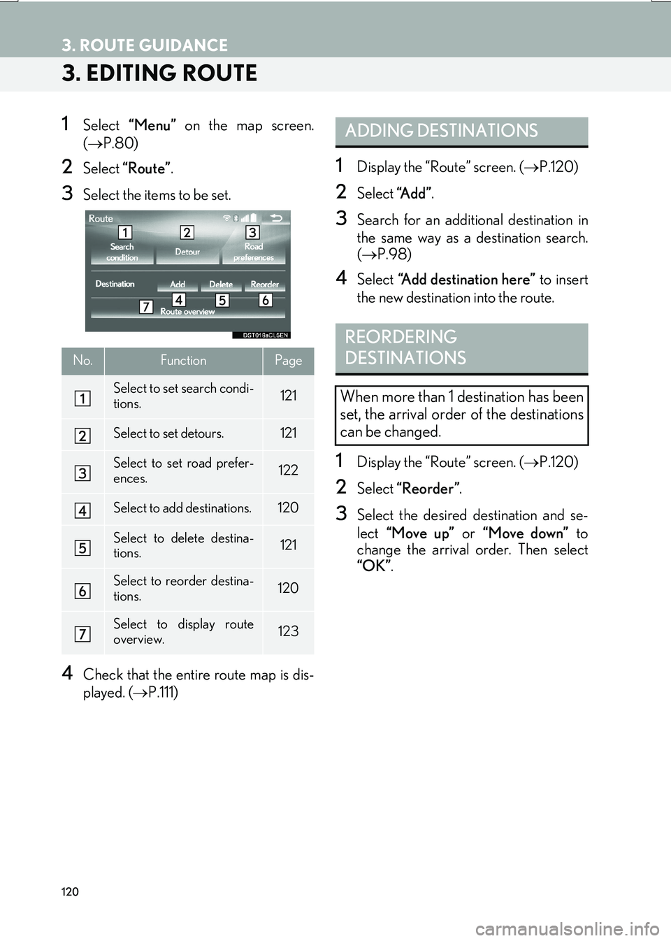 Lexus IS200t 2017 Navigation Manual 120
3. ROUTE GUIDANCE
IS_NAVI_EE
3. EDITING ROUTE
1Select “Menu” on the map screen.
( → P.80)
2Select “Route” .
3Select the items to be set.
4Check that the entire route map is dis-
playe Lexus IS200t 2017 Navigation Manual 120
3. ROUTE GUIDANCE
IS_NAVI_EE
3. EDITING ROUTE
1Select “Menu” on the map screen.
( → P.80)
2Select “Route” .
3Select the items to be set.
4Check that the entire route map is dis-
playe
