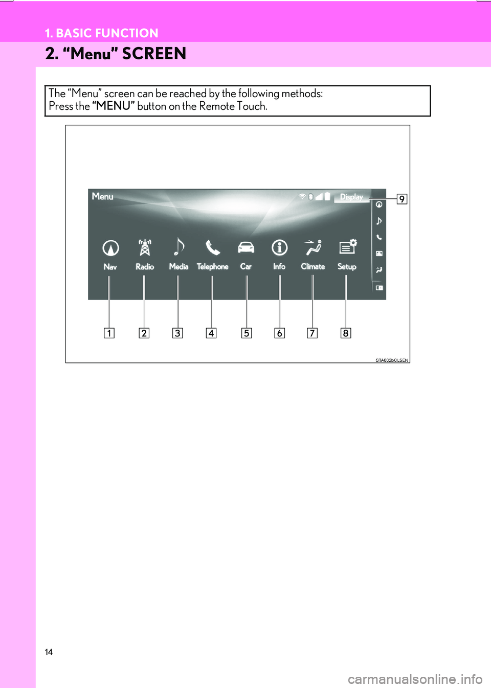 Lexus IS200t 2017  Navigation Manual 14
1. BASIC FUNCTION
IS_NAVI_EE
2. “Menu” SCREEN
The “Menu” screen can be reached by the following methods: 
Press the “MENU” button on the Remote Touch. 