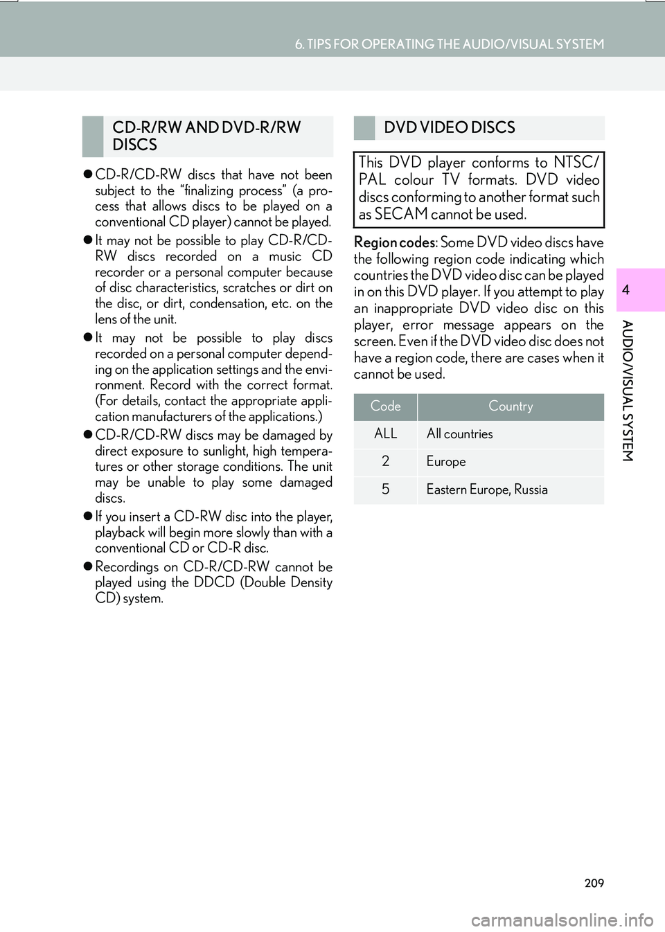 Lexus IS200t 2017  Navigation Manual 209
6. TIPS FOR OPERATING THE AUDIO/VISUAL SYSTEM
IS_NAVI_EE
AUDIO/VISUAL SYSTEM
4
�zCD-R/CD-RW discs that have not been
subject to the “finalizing process” (a pro-
cess that allows discs to be pl