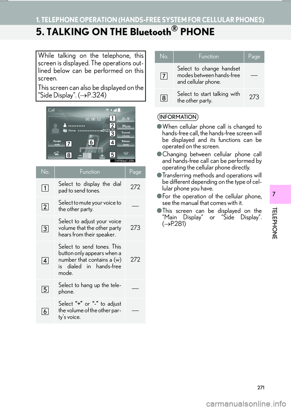 Lexus IS200t 2017 Navigation Manual 271
1. TELEPHONE OPERATION (HANDS-FREE SYSTEM FOR CELLULAR PHONES)
IS_NAVI_EE
TELEPHONE
7
5. TALKING ON THE Bluetooth® PHONE
While talking on the telephone, this
screen is displayed. The operations o Lexus IS200t 2017 Navigation Manual 271
1. TELEPHONE OPERATION (HANDS-FREE SYSTEM FOR CELLULAR PHONES)
IS_NAVI_EE
TELEPHONE
7
5. TALKING ON THE Bluetooth® PHONE
While talking on the telephone, this
screen is displayed. The operations o