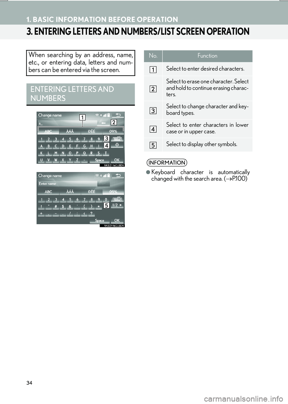 Lexus IS200t 2017  Navigation Manual 34
1. BASIC INFORMATION BEFORE OPERATION
IS_NAVI_EE
3. ENTERING LETTERS AND NUMBERS/LIST SCREEN OPERATION
When searching by an address, name,
etc., or entering data, letters and num-
bers can be enter