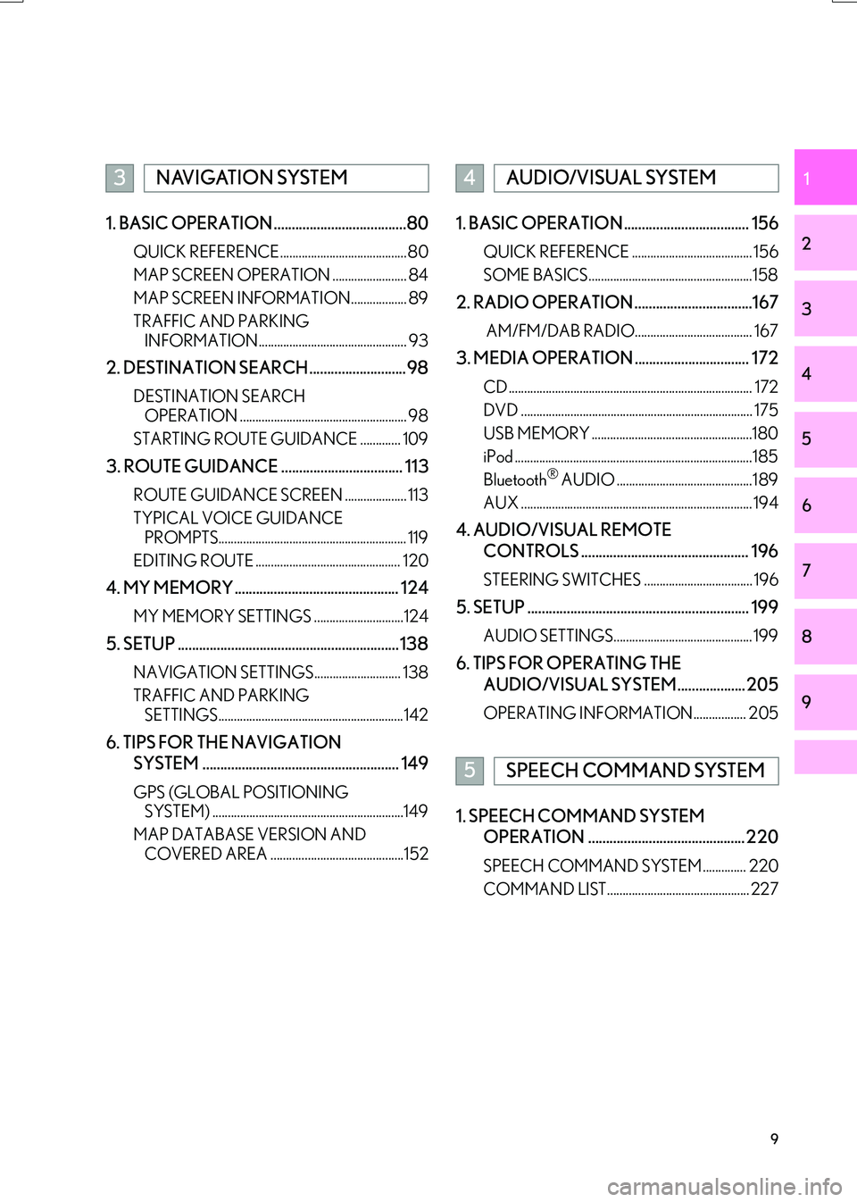 Lexus IS200t 2017  Navigation Manual 9
IS_NAVI_EE
1
2
3
4
5
6
7
8
9
1. BASIC OPERATION .....................................80
QUICK REFERENCE......................................... 80
MAP SCREEN OPERATION ........................ 84
M