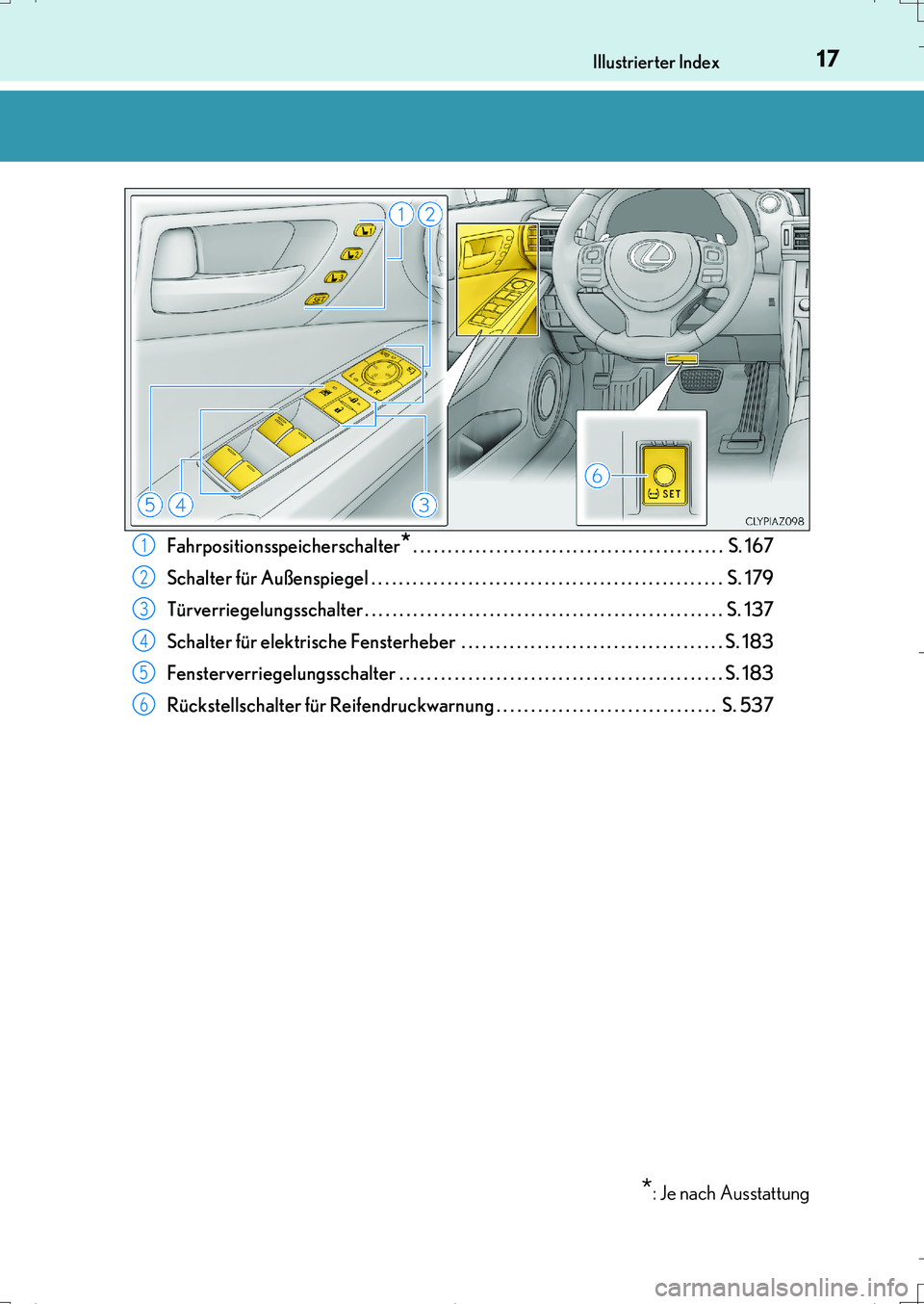 Lexus IS200t 2017 Betriebsanleitung (in German) 17Illustrierter Index
IS200t_EM(OM99J19M)Fahrpositionsspeicherschalter
*. . . . . . . . . . . . . . . . . . . . . . . . . . . . . . . . . . . . . . . . . . . . . S. 167
Schalter für Außenspiegel . Lexus IS200t 2017 Betriebsanleitung (in German) 17Illustrierter Index
IS200t_EM(OM99J19M)Fahrpositionsspeicherschalter
*. . . . . . . . . . . . . . . . . . . . . . . . . . . . . . . . . . . . . . . . . . . . . S. 167
Schalter für Außenspiegel .