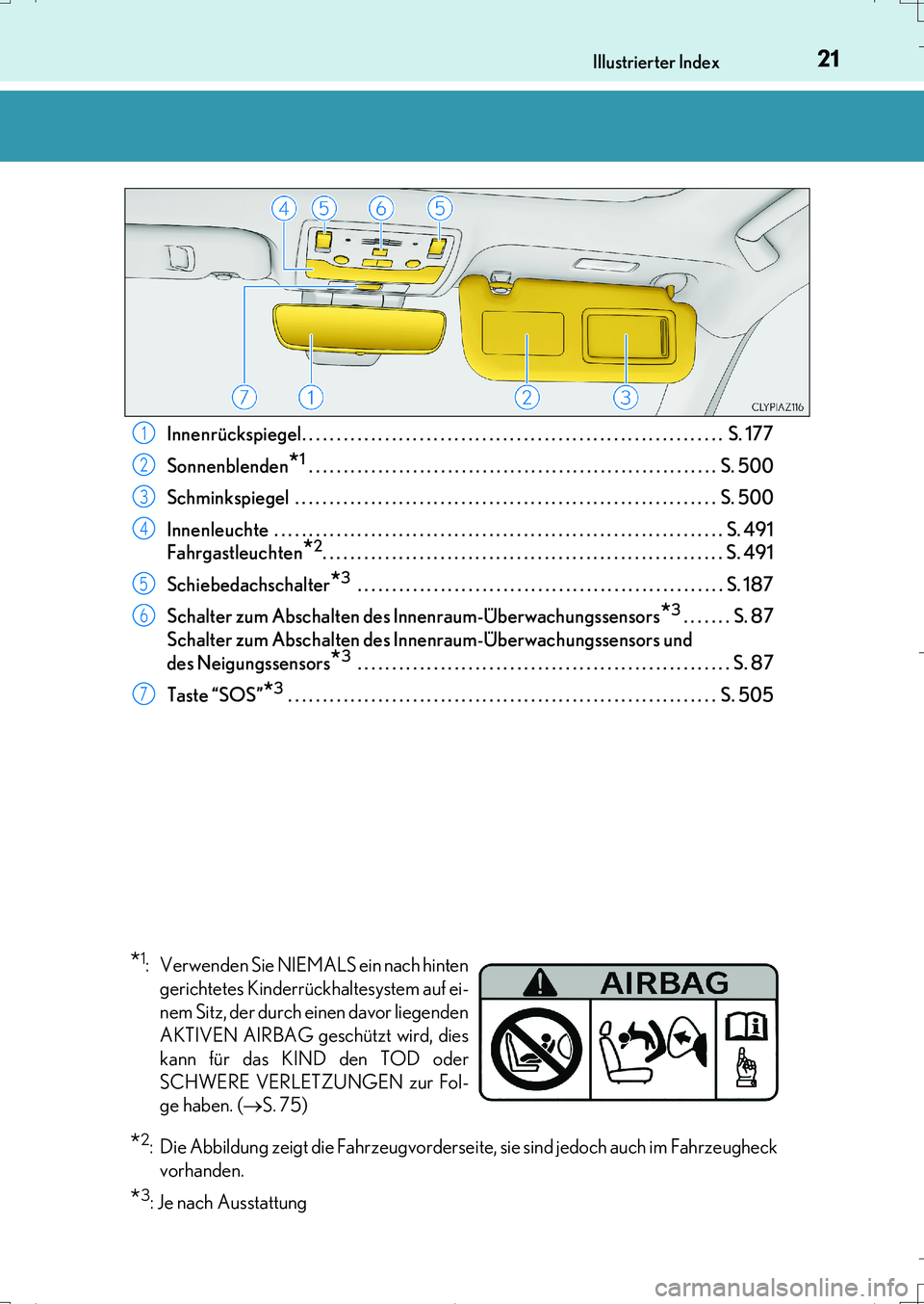 Lexus IS200t 2017  Betriebsanleitung (in German) 21Illustrierter Index
IS200t_EM(OM99J19M)Innenrückspiegel. . . . . . . . . . . . . . . . . . . . . . . . . . . . . . . . . . . . . . . . . . . . . . . . . . . . . . . . . . . . .  S. 177
Sonnenblende