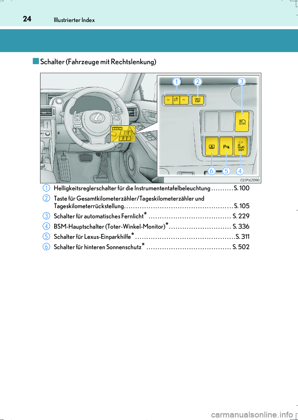 Lexus IS200t 2017  Betriebsanleitung (in German) 24Illustrierter Index
IS200t_EM(OM99J19M)
■Schalter (Fahrzeuge mit Rechtslenkung)
Helligkeitsreglerschalter für die Instrumententafelbeleuchtung . . . . . . . . . . S. 100
Taste für Gesamtkilomete