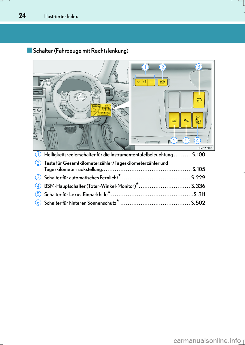 Lexus IS200t 2017 Betriebsanleitung (in German) 24Illustrierter Index
IS200t_EM(OM99J19M)
■Schalter (Fahrzeuge mit Rechtslenkung)
Helligkeitsreglerschalter für die Instrumententafelbeleuchtung . . . . . . . . . . S. 100
Taste für Gesamtkilomete Lexus IS200t 2017 Betriebsanleitung (in German) 24Illustrierter Index
IS200t_EM(OM99J19M)
■Schalter (Fahrzeuge mit Rechtslenkung)
Helligkeitsreglerschalter für die Instrumententafelbeleuchtung . . . . . . . . . . S. 100
Taste für Gesamtkilomete