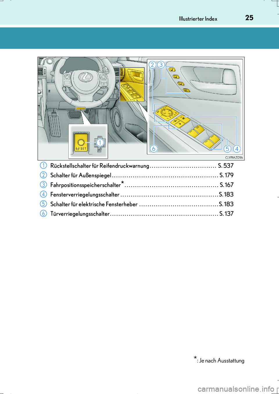 Lexus IS200t 2017  Betriebsanleitung (in German) 25Illustrierter Index
IS200t_EM(OM99J19M)Rückstellschalter für Reifendruckwarnung . . . . . . . . . . . . . . . . . . . . . . . . . . . . . . . .  S. 537
Schalter für Außenspiegel . . . . . . . . 