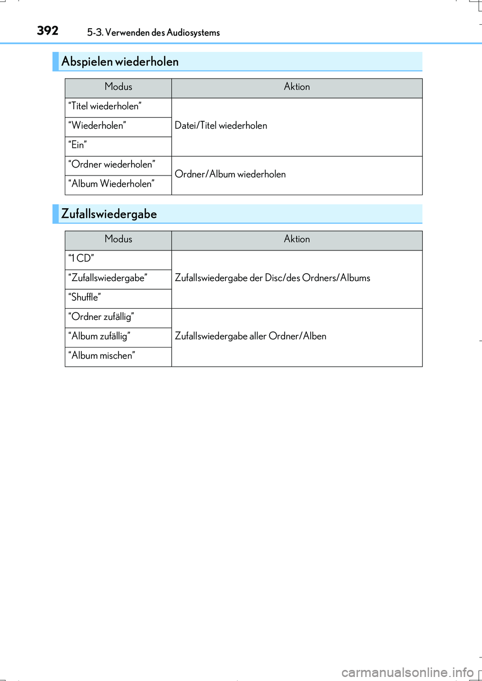 Lexus IS200t 2017 Betriebsanleitung (in German) 3925-3. Verwenden des Audiosystems
IS200t_EM(OM99J19M)
Abspielen wiederholen
ModusAktion
“Titel wiederholen”
Datei/Titel wiederholen“Wiederholen”
“Ein”
“Ordner wiederholen”Ordner/Album Lexus IS200t 2017 Betriebsanleitung (in German) 3925-3. Verwenden des Audiosystems
IS200t_EM(OM99J19M)
Abspielen wiederholen
ModusAktion
“Titel wiederholen”
Datei/Titel wiederholen“Wiederholen”
“Ein”
“Ordner wiederholen”Ordner/Album