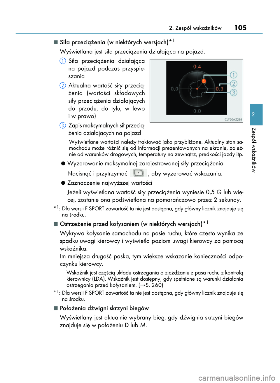 Lexus IS200t 2017  Instrukcja Obsługi (in Polish) Si∏a przecià˝enia (w niektórych wersjach)*1
WyÊwietlana jest si∏a przecià˝enia dzia∏ajàca na pojazd.
Si∏a  przecià˝enia  dzia∏ajàca
na  pojazd  podczas  przyspie-
szania
Aktualna  