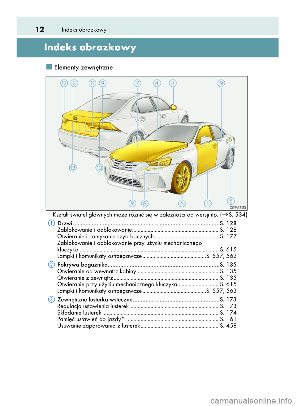 Lexus IS200t 2017  Instrukcja Obsługi (in Polish) Indeks obrazkowy12
Indeks obrazkowy
Elementy zewn´trzne
Kszta∏t Êwiate∏ g∏ównych mo˝e ró˝niç si´ w zale˝noÊci od wersji itp. (S. 534)
Drzwi ...........................................