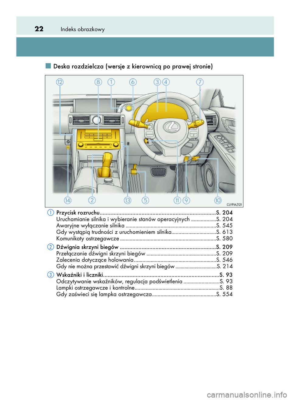 Lexus IS200t 2017  Instrukcja Obsługi (in Polish) Indeks obrazkowy22
Deska rozdzielcza (wersje z kierownicà po prawej stronie)
Przycisk rozruchu...........................................................................S. 204
Uruchamianie silnika i 