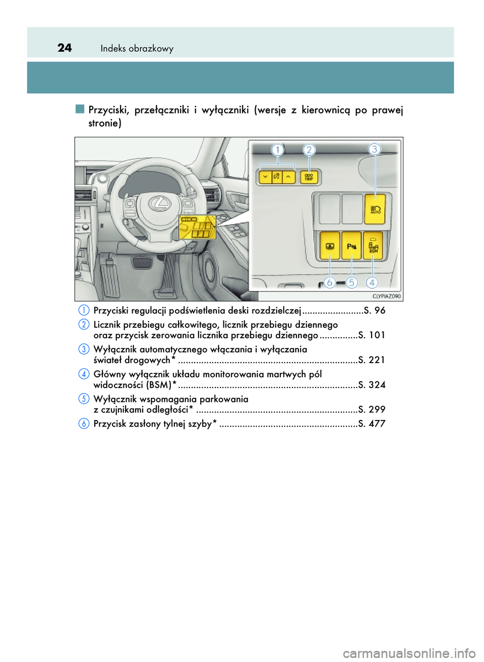 Lexus IS200t 2017  Instrukcja Obsługi (in Polish) Indeks obrazkowy24
Przyciski,  prze∏àczniki  i wy∏àczniki  (wersje  z kierownicà  po  prawej
stronie)
Przyciski regulacji podÊwietlenia deski rozdzielczej ........................S. 96
Licznik
